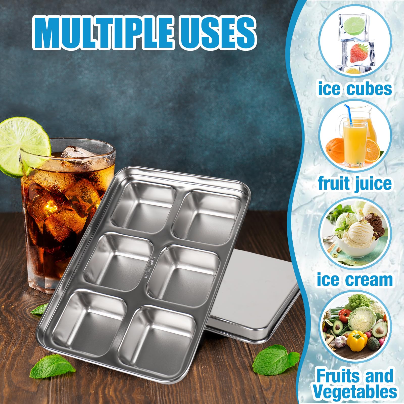 FYSUIMU Paquete de 3 bandejas de hielo de acero inoxidable para congelador, bandejas de hielo de metal con tapas para el hogar, cocina, bar, cóctel, whisky