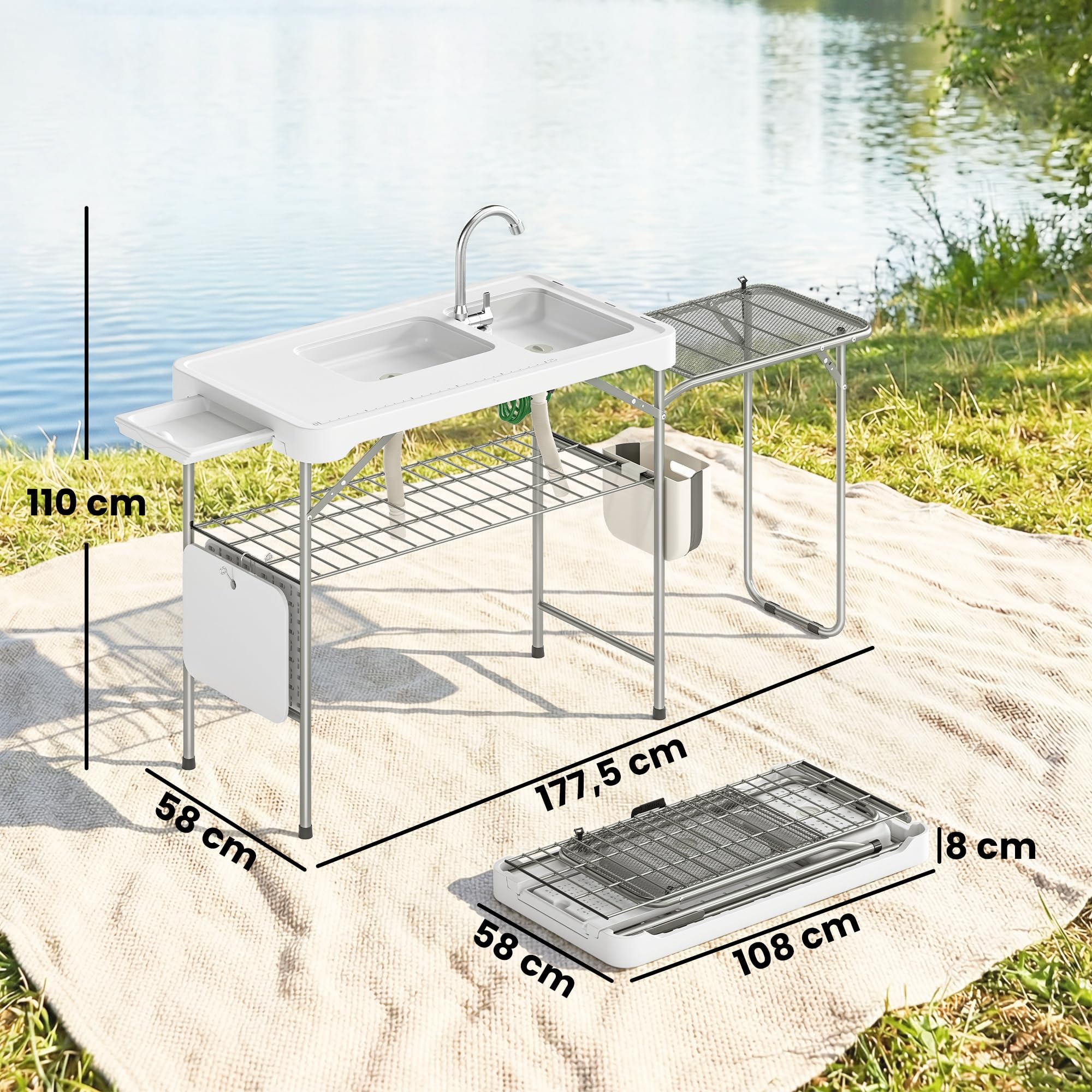 Outsunny Table de Nettoyage Portable pour Poisson, Table Pliante de Camping avec 2 éviers, Robinet, Tuyau, étagère latérale, Grille, tiroir, Panier, règle, rainures, Station de Nettoyage pour la