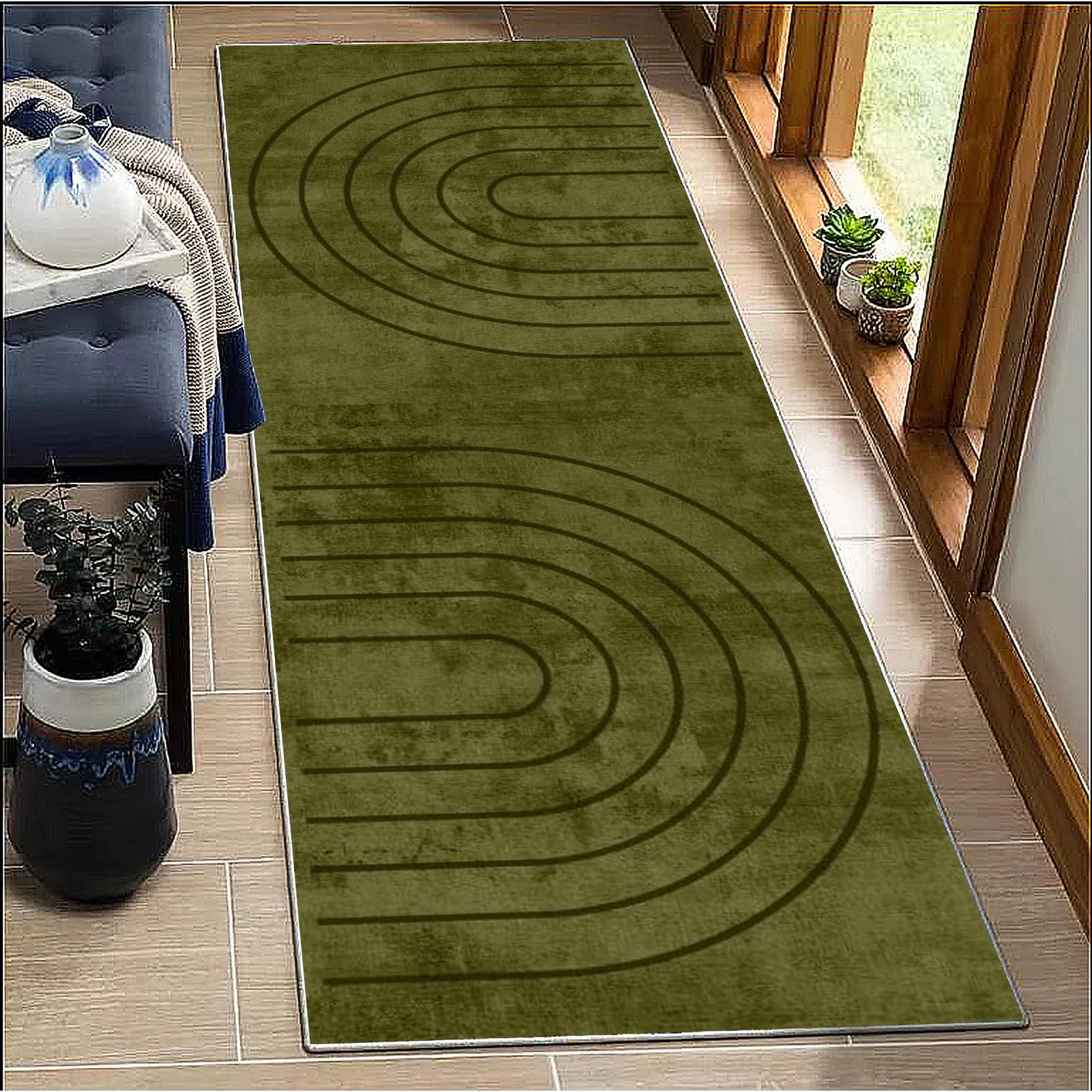 BORKOY Olive Green Abstract Hallway Runner Rug 120x240cm Non Slip Kitchen Carpet, Washable Long Runner Rug for Entryway, Front Door, Stairs, Living Room, Bedroom, Durable Indoor Outdoor Floor Mat