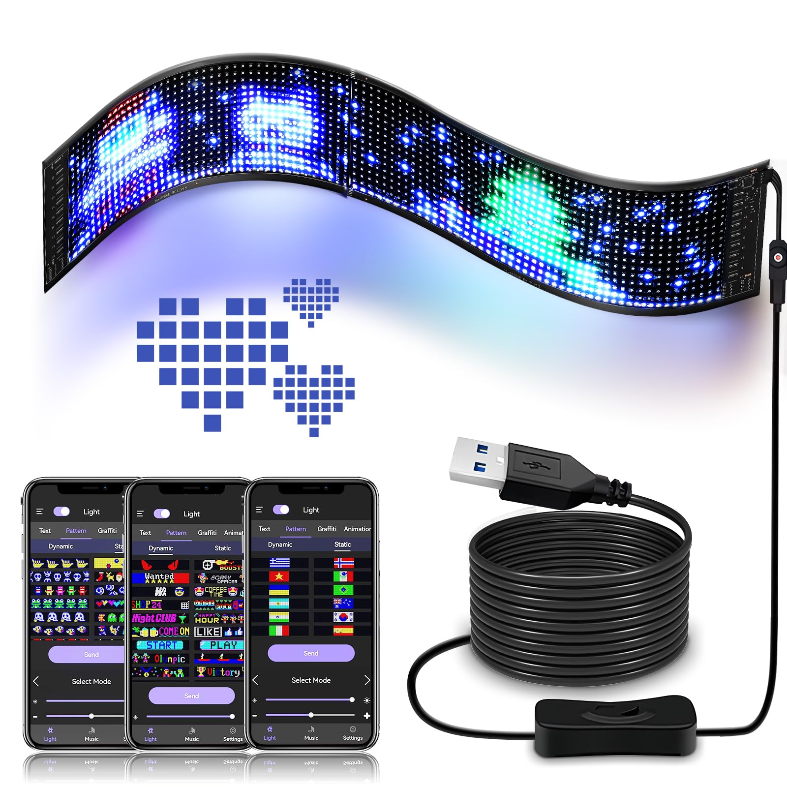 Pizarra LED programable USB 5V App Control de texto ajustable Animación Graffiti Super Luminoso Cartel Publicidad para Car Store Hotel (59x12 cm)