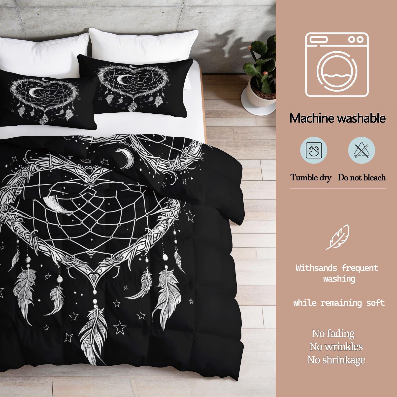 Bohemisch Vintage Bettdecke 135 x 200 cm Traumfänger Feder Mond Stern Steppdecke, Schwarz 4 Jahreszeiten Bettdecken - Waschbar Bettzeug Warme Weich Bettdecke ohne Bezug - Schlafzimmer Deko Geschenke