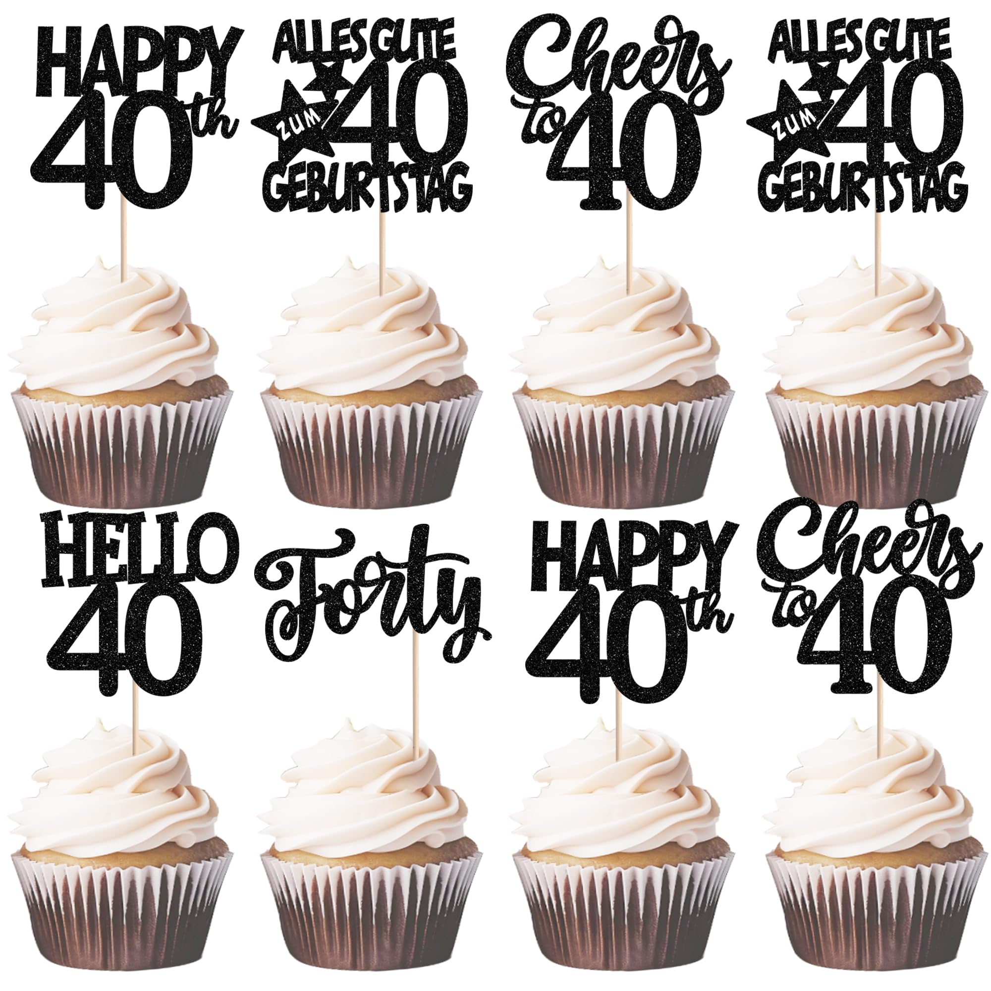 30 Stück 40th Geburtstag Tortendeko Alles Gute zum Geburtstag 40 Kuchen Deko Glitzer Forty Cupcake Toppers für Prost auf 40th Jahre Jahrestag Party Kuchen Dekorationen Schwarz