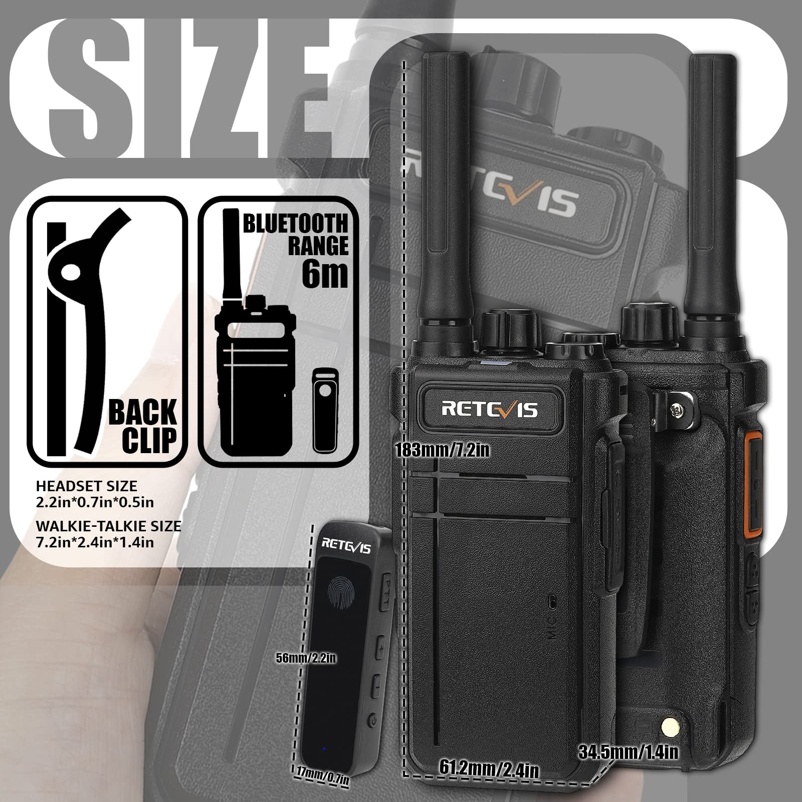 Retevis RB637 Bluetooth Radio Bidirezionale, Walkie Talkie con Auricolare Bluetooth, 2000mAh USB Ricaricabile, Torcia, PMR446 Walkie Talkie a Mani Libere con Wireless Copy Per i Ristoranti (nero, 1Pz)