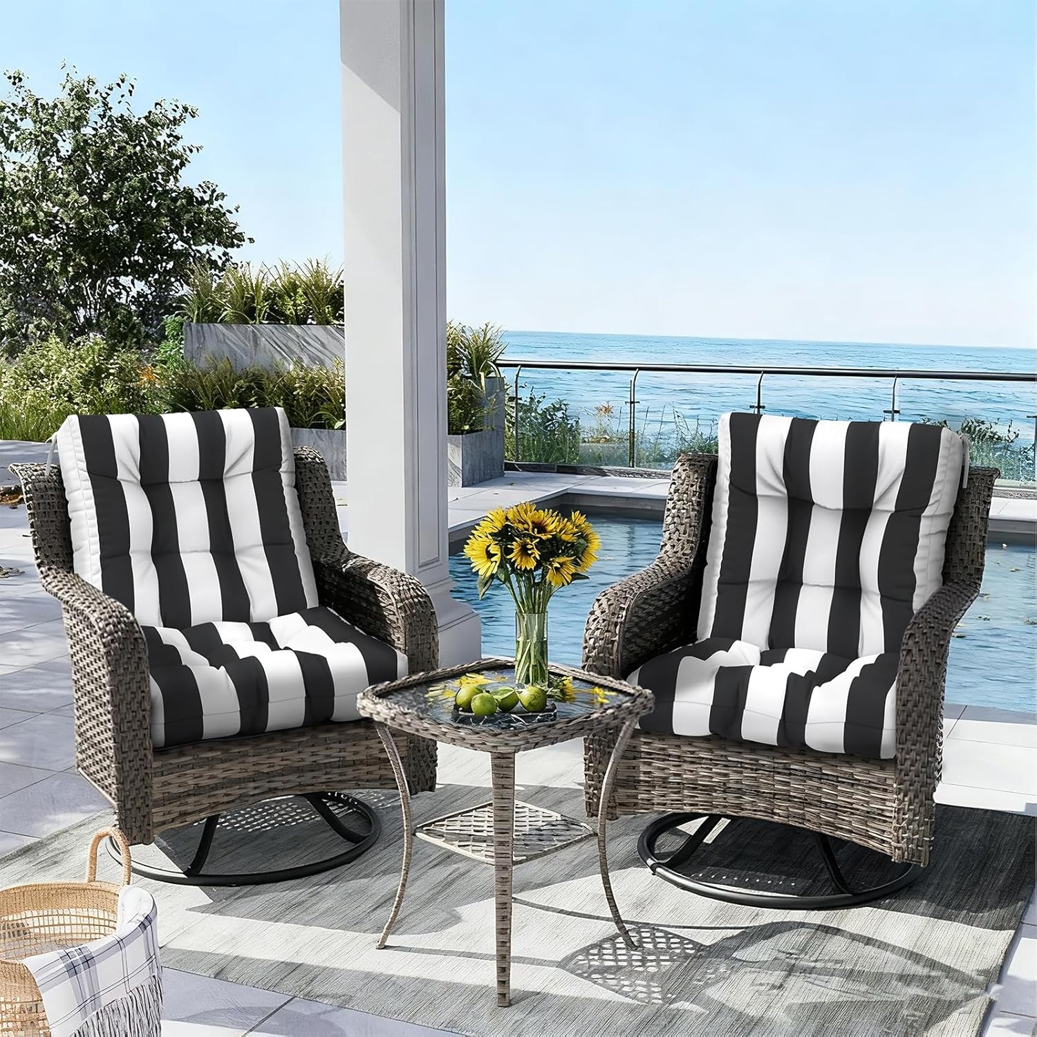 Outdoor Chair Cushions, Tufted Back Patio Furniture Cushions Set of 2, Water Repellent Wicker Chair Cushion for Home Garden, 42x21x4 Inch, Cabana Black