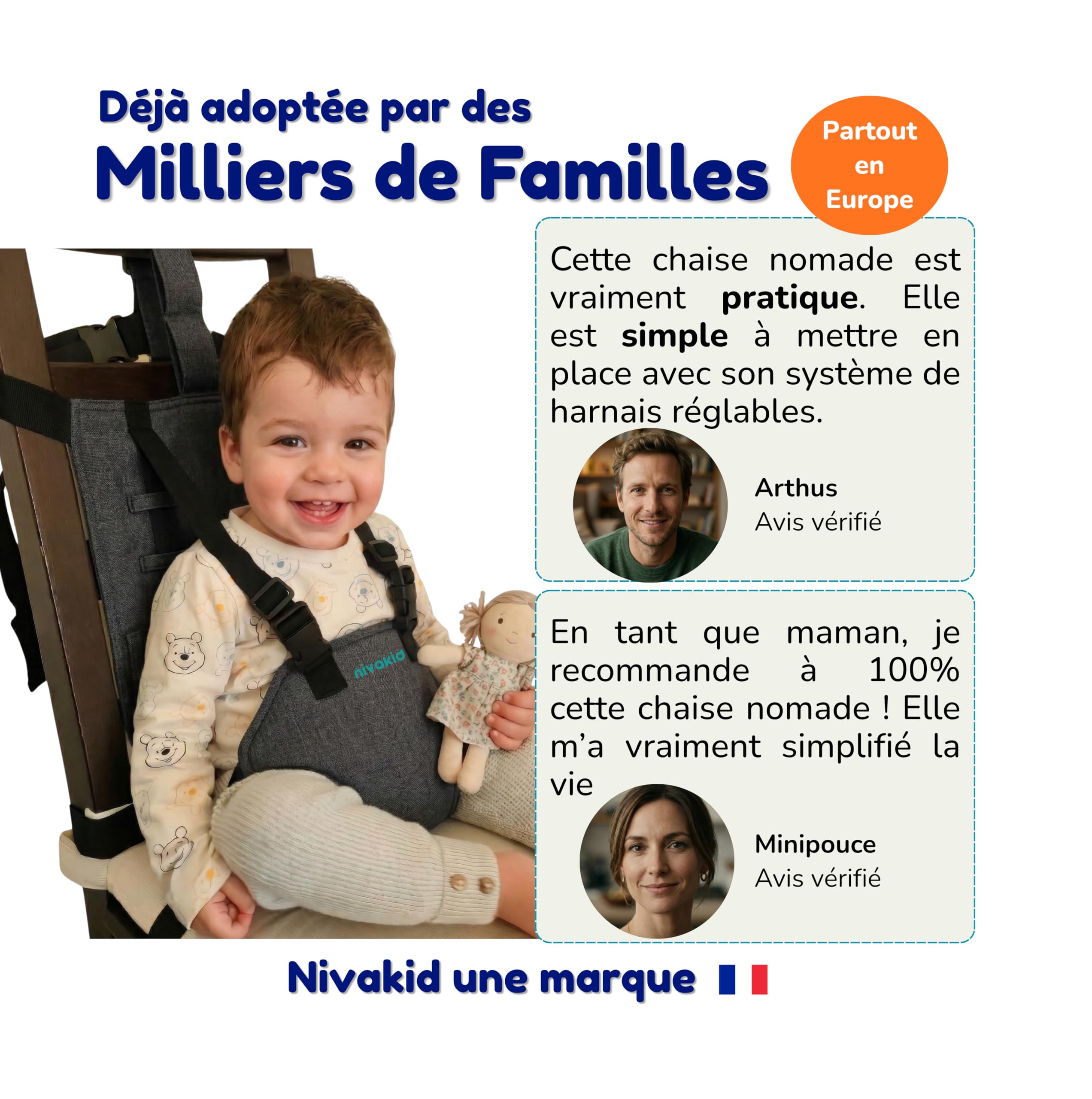 Chaise Nomade Bebe Sécurisée et Ultra Compacte, Siège Bébé Repas Voyage Pliable et légère, Rehausseur Chaise Haute, Harnais Ajustable lavable pour Sorties, Restaurant, Vacances, enfant de 6 à 36 mois