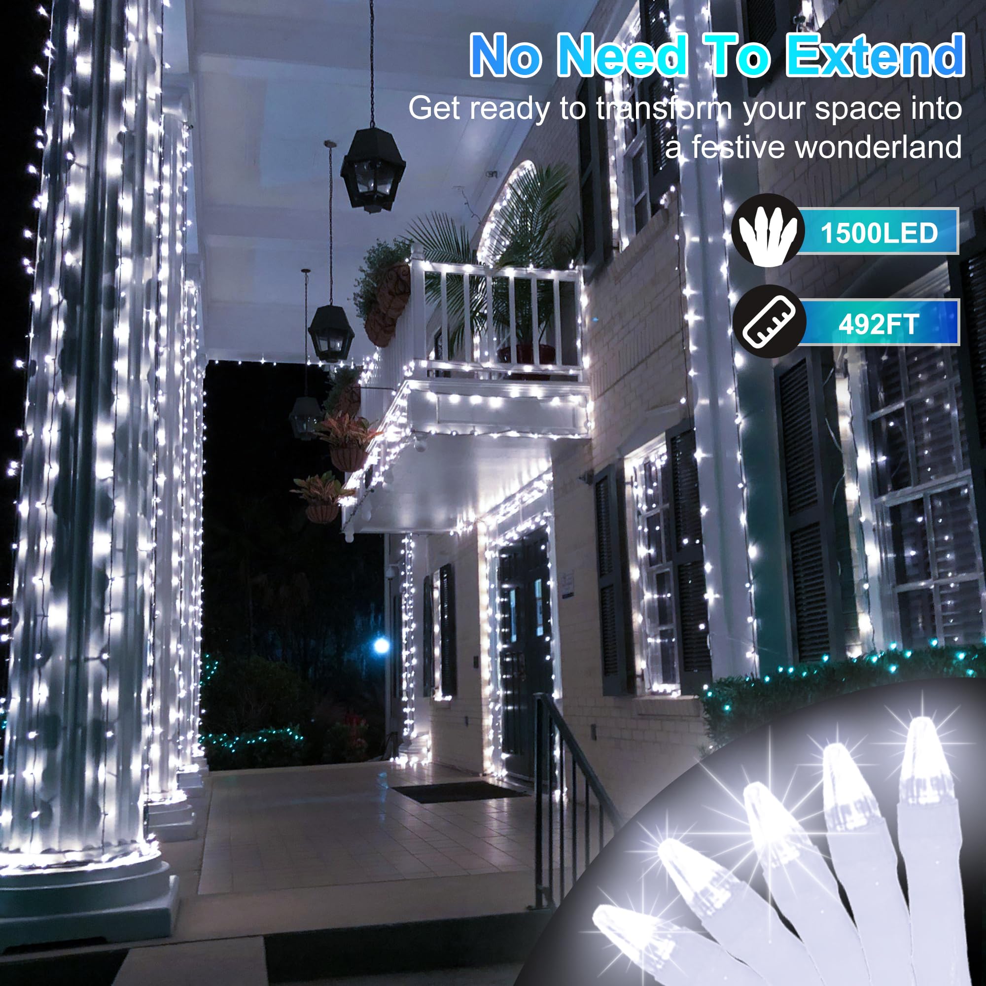 1500 luci natalizie a LED per uso esterno, 150 m, 8 modalità di illuminazione, luci per esterni, luci per albero di Natale per esterni, IP44, impermeabili, per Natale, patio, cortile, recinzione