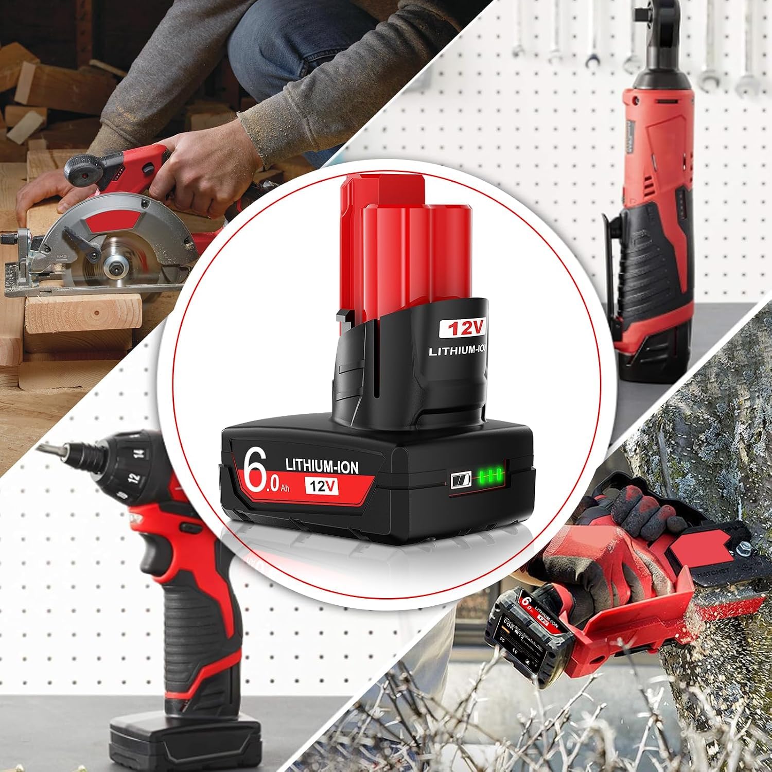 2X 12V 6.0Ah/6000mAh Compatible with for Milwaukee M12, Red-Black-2 - Image 7