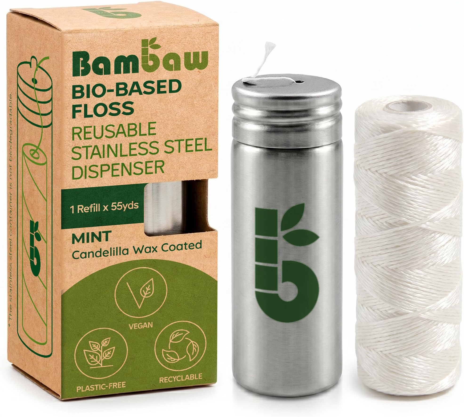 Bambaw Vegan Dental Floss | Refillable Tooth Floss | Candelilla Wax | Plastic Free Dental Tape | Zero Waste Floss | Stainless Steel Dispenser | Eco Floss | Mint | 55 Yards |