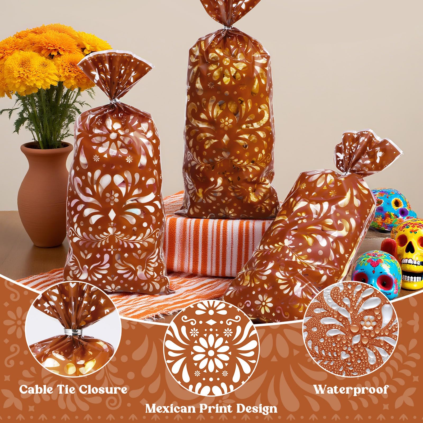 Funrous 100 Pcs Cielito Lindo Candy Bags Mexican Fiesta Gift Bags with Twist Ties Cinco De Mayo Party Favors Barro Candy Sack Talavera Sack for Mexican Wedding Fiesta Party Supplies(Brown)