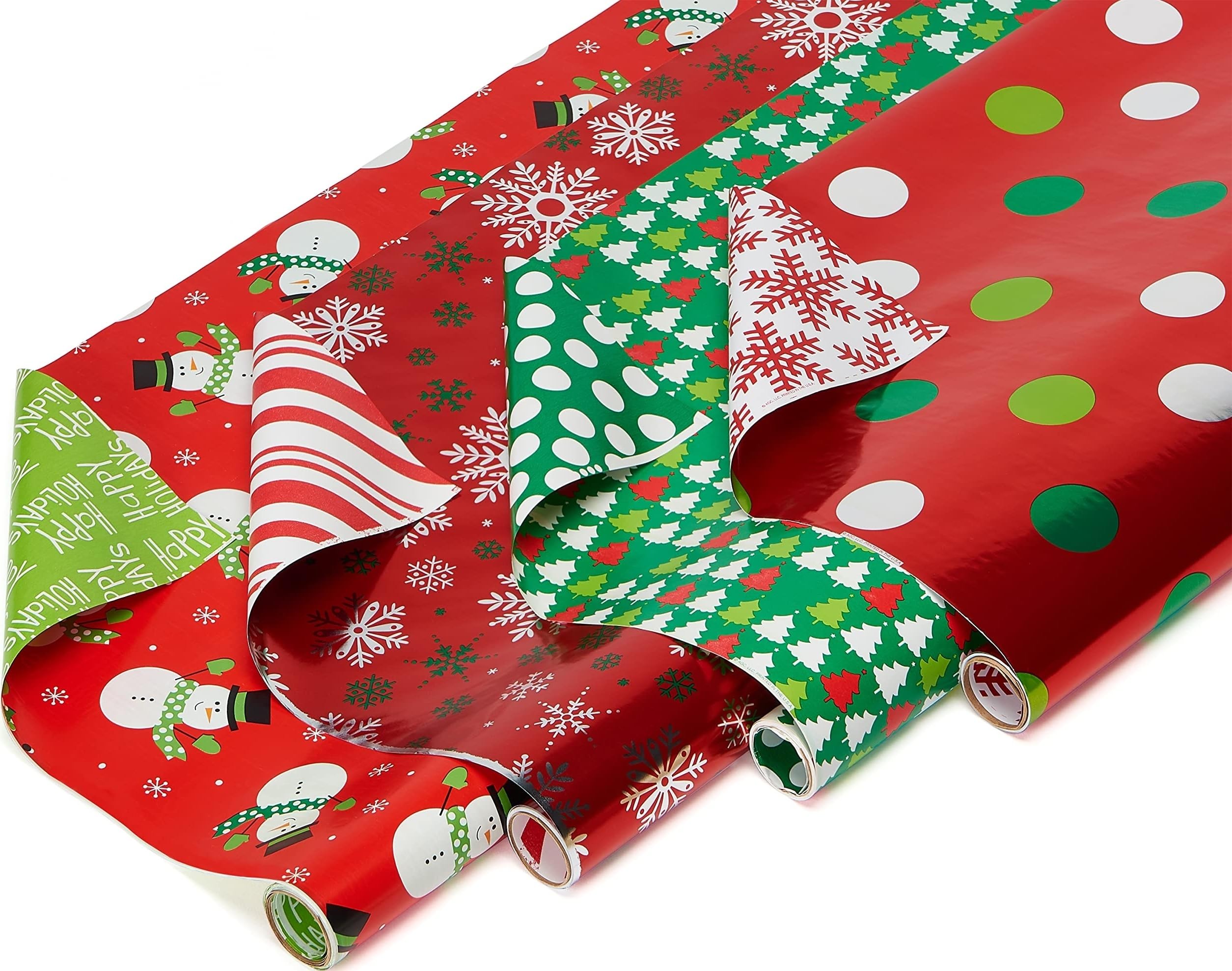 American Greetings Carta da regalo, Natale, reversibile, a pois, alberi, pupazzi di neve e fiocchi di neve (4 rotoli, 120 m²)