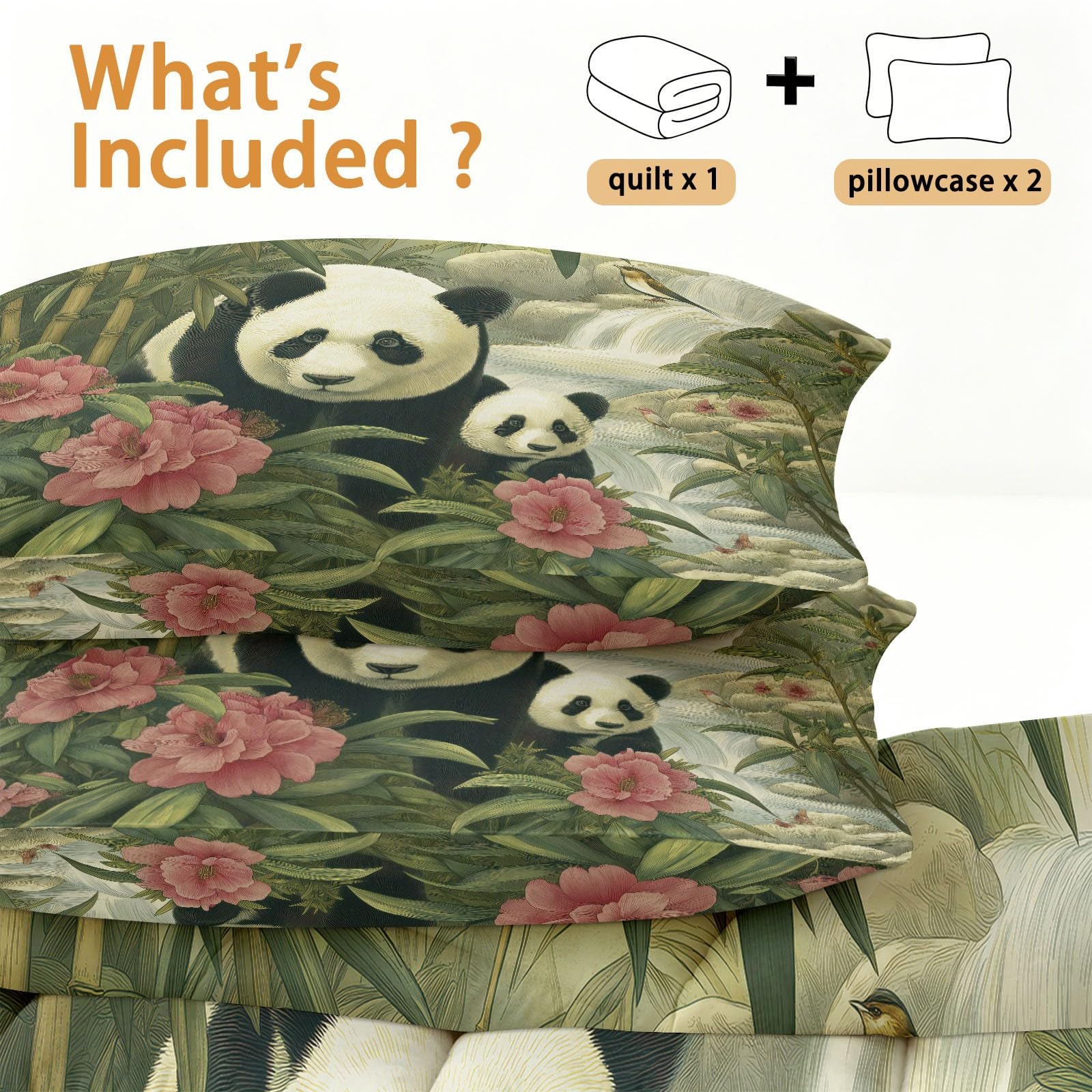 Edredón sin funda de edredón de 200 x 200 cm, edredón de verano con funda de almohada de 80 x 80 cm, diseño de panda y bosque de bambú verde esmeralda, juego de cama para habitación infantil, animales