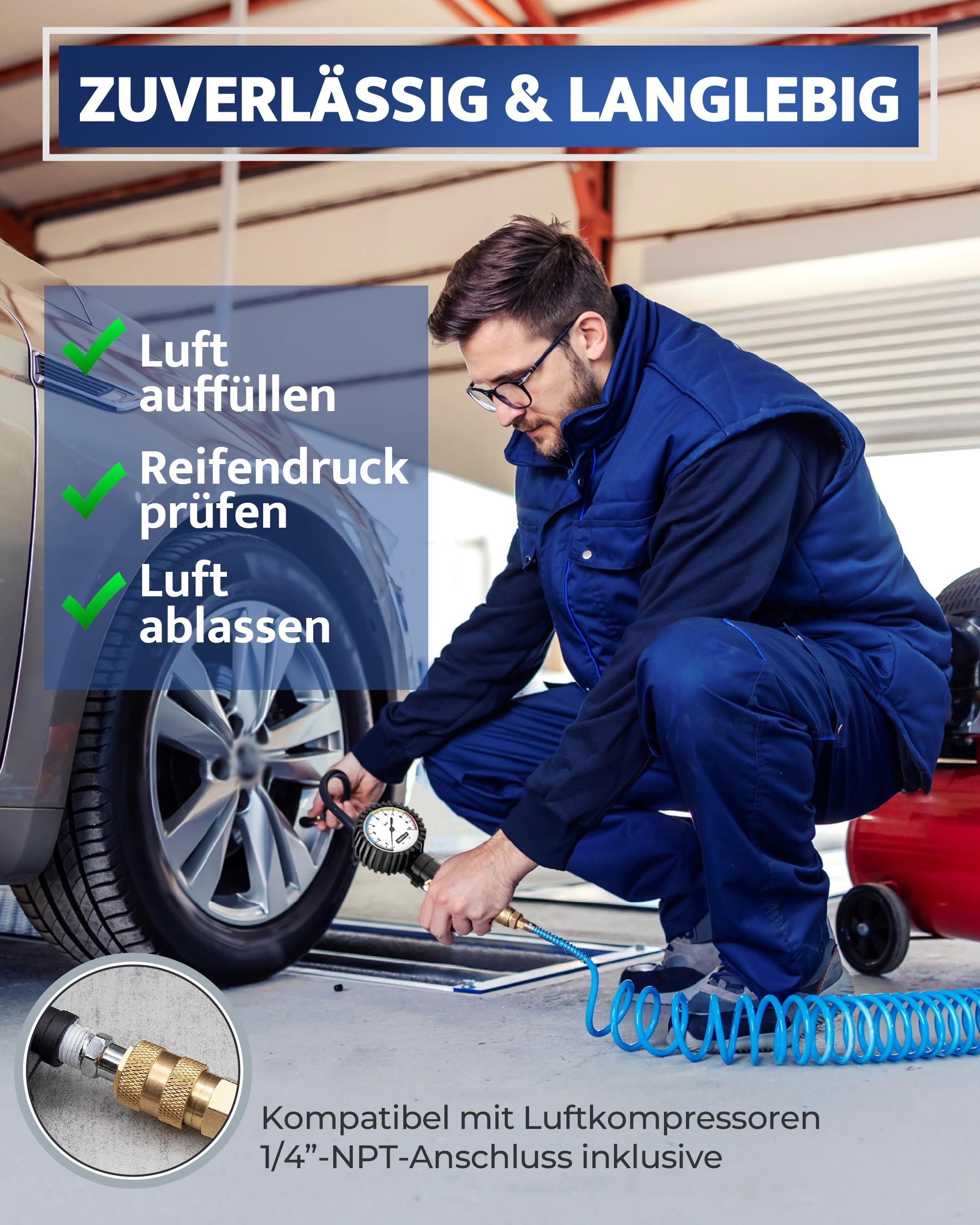 GERCHWAY Reifenfüller mit Manometer – Präziser, robuster 0-10 bar Druckluft Reifendruckfüller für Kompressor – Extra langer 50 cm Schlauch – Luftdruckprüfer für Auto, Motorrad, LKW & Werkstatt