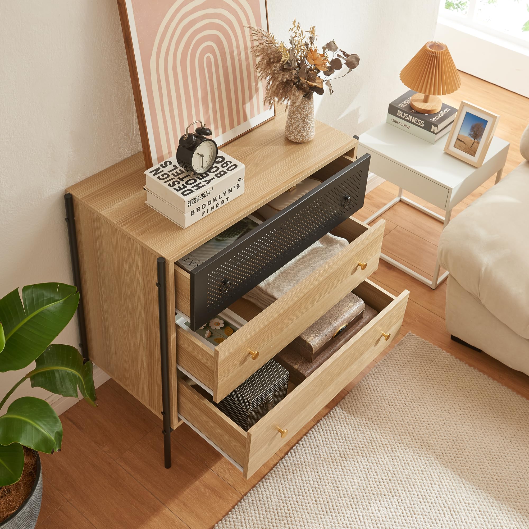 [en.casa] Cassettiera Comò con 3 Cassetti Ampi Mobile Organizzatore per Soggiorno Camera da Letto Mobile Contenitore 80 x 80 x 40 cm Effetto Rovere/Nero