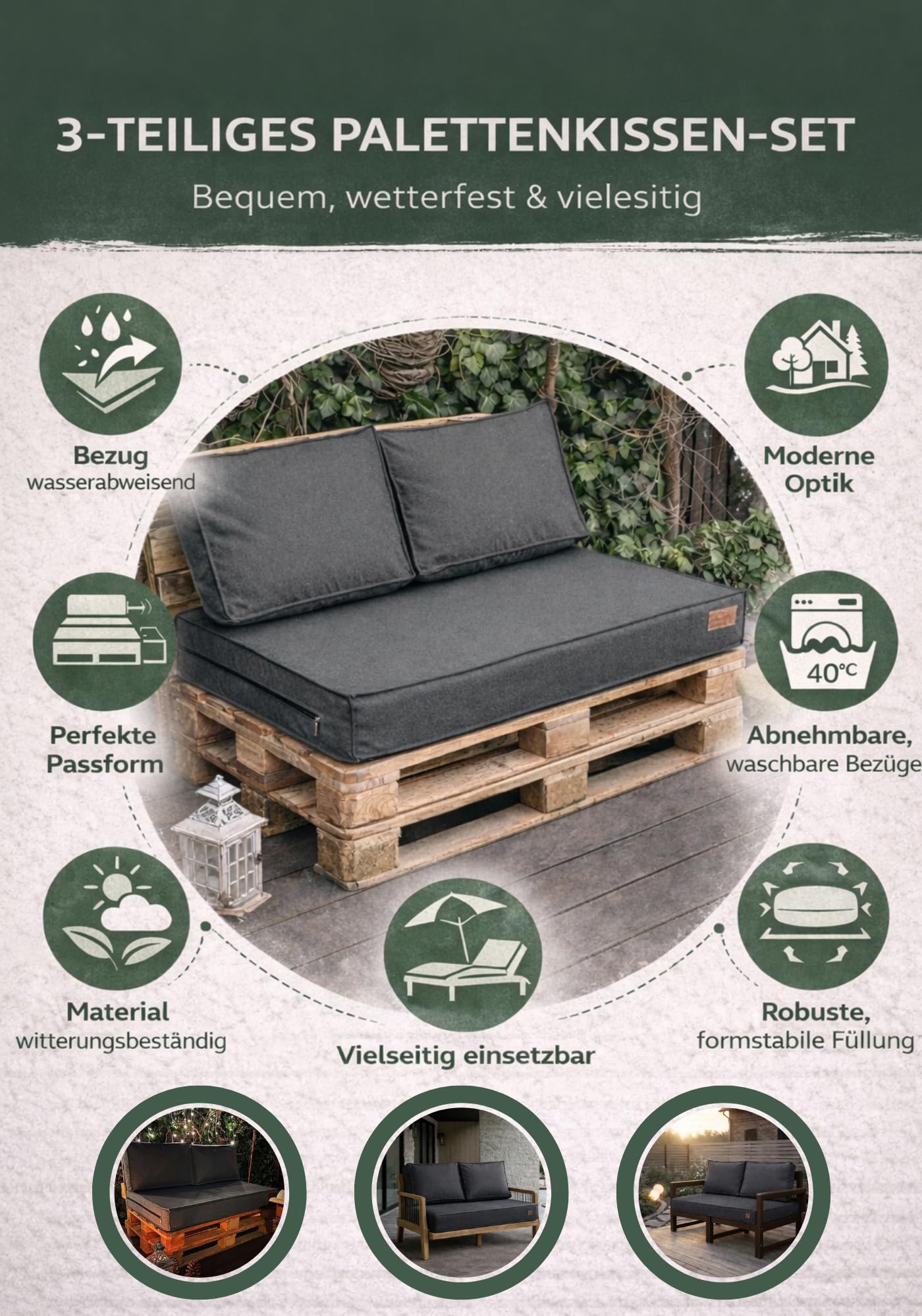 Cojines de Palet 120x80 Set para Sofá - Impermeable Set de Jardín Consta de 3 Piezas en Color Gris Oscuro
