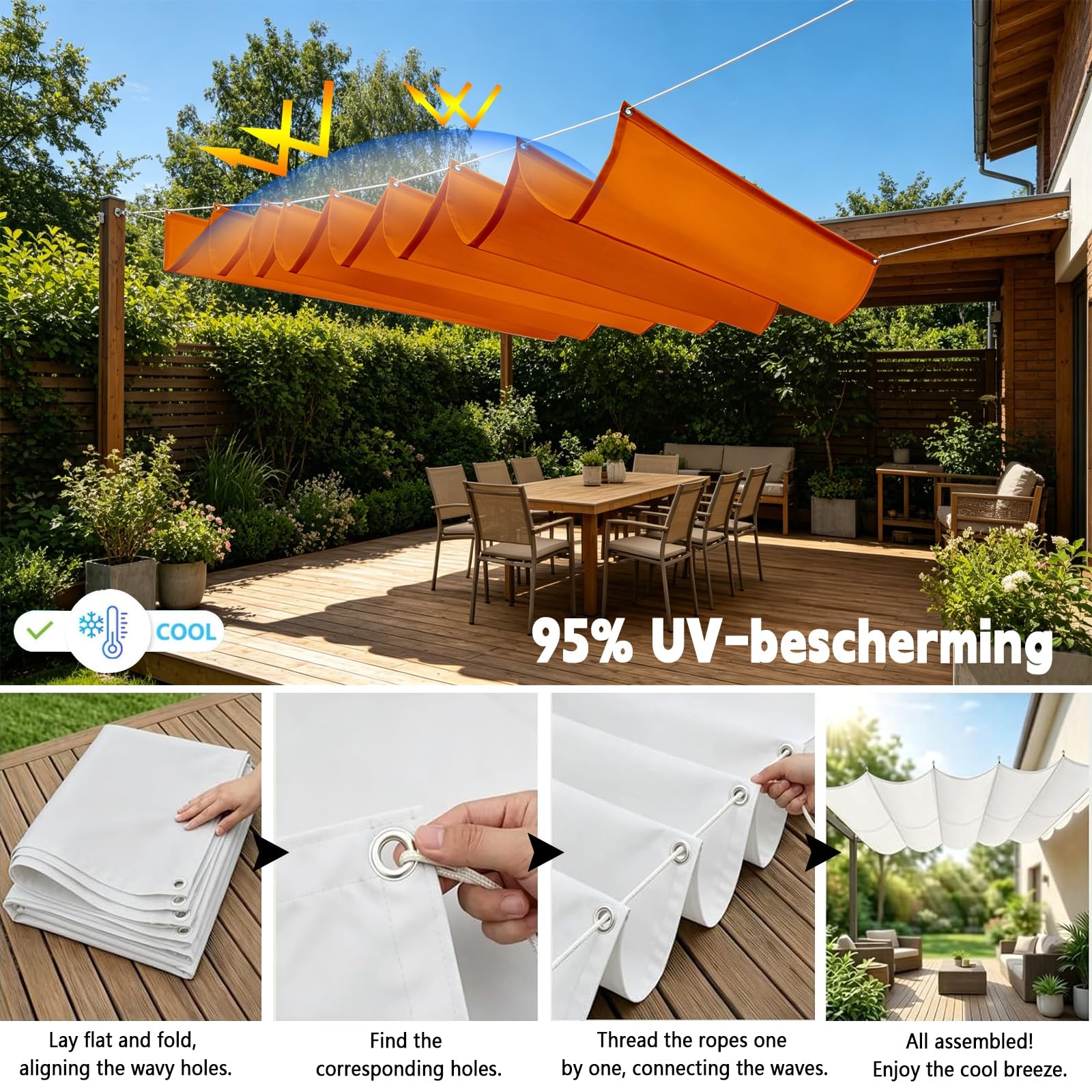 Toldo Retráctil de Onda 100 x 750 cm con Ojales y Cuerda, Vela Sombra Impermeable y Rectangular con Bloqueo UV y Resistencia a Desgarros para Jardín Porche Patio Barbacoa, Naranja