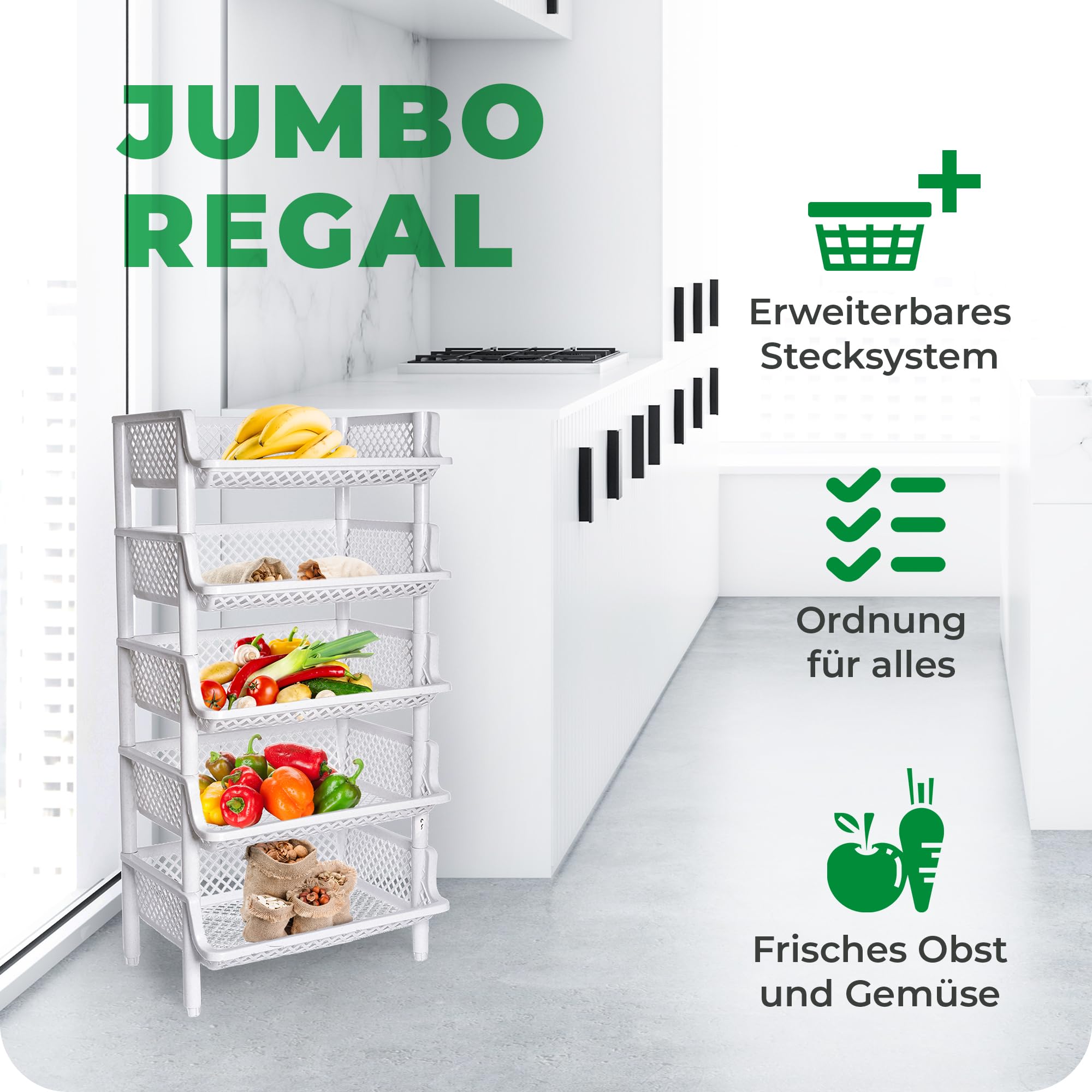 Novaliv 5 Stück Korbregal Weiß Steckregal Stapelbar & Erweiterbar, Regale für Vorratsraum, Lebensmittelregal, Obstregal Keller Aufbewahrungssystem, Vorratskammer Ordnungssystem, Getränkeregal