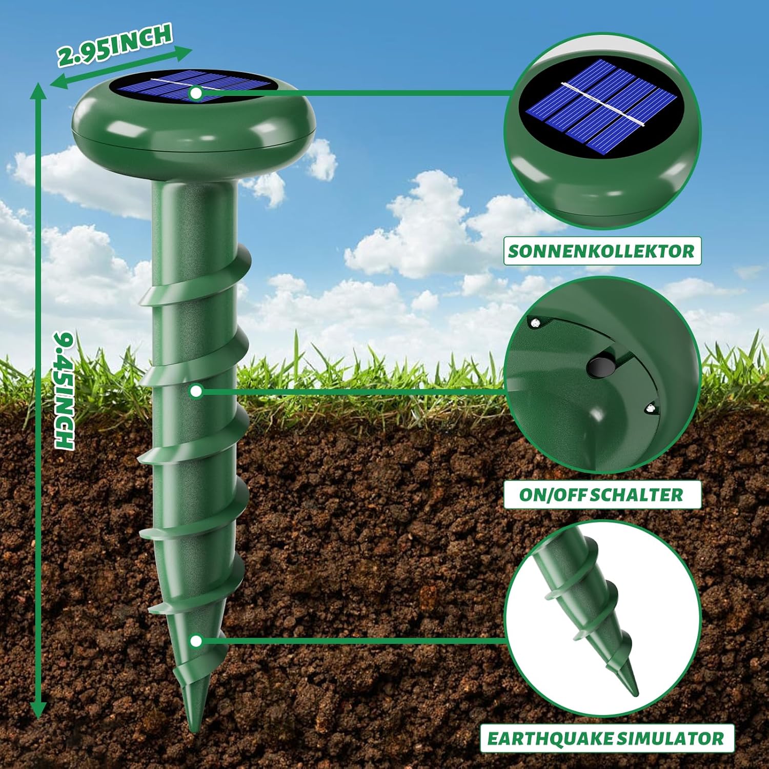 Ultrasonic Mole Repellent Solar Powered 6 Pack, IP65 Waterproof Sonic Deterrent Stakes,Snake Repellent Deterrent Spikes,Get Rid for Gopher Vole Chipmunk Groundhog Squirrel,Skunk Repeller for Outdoor