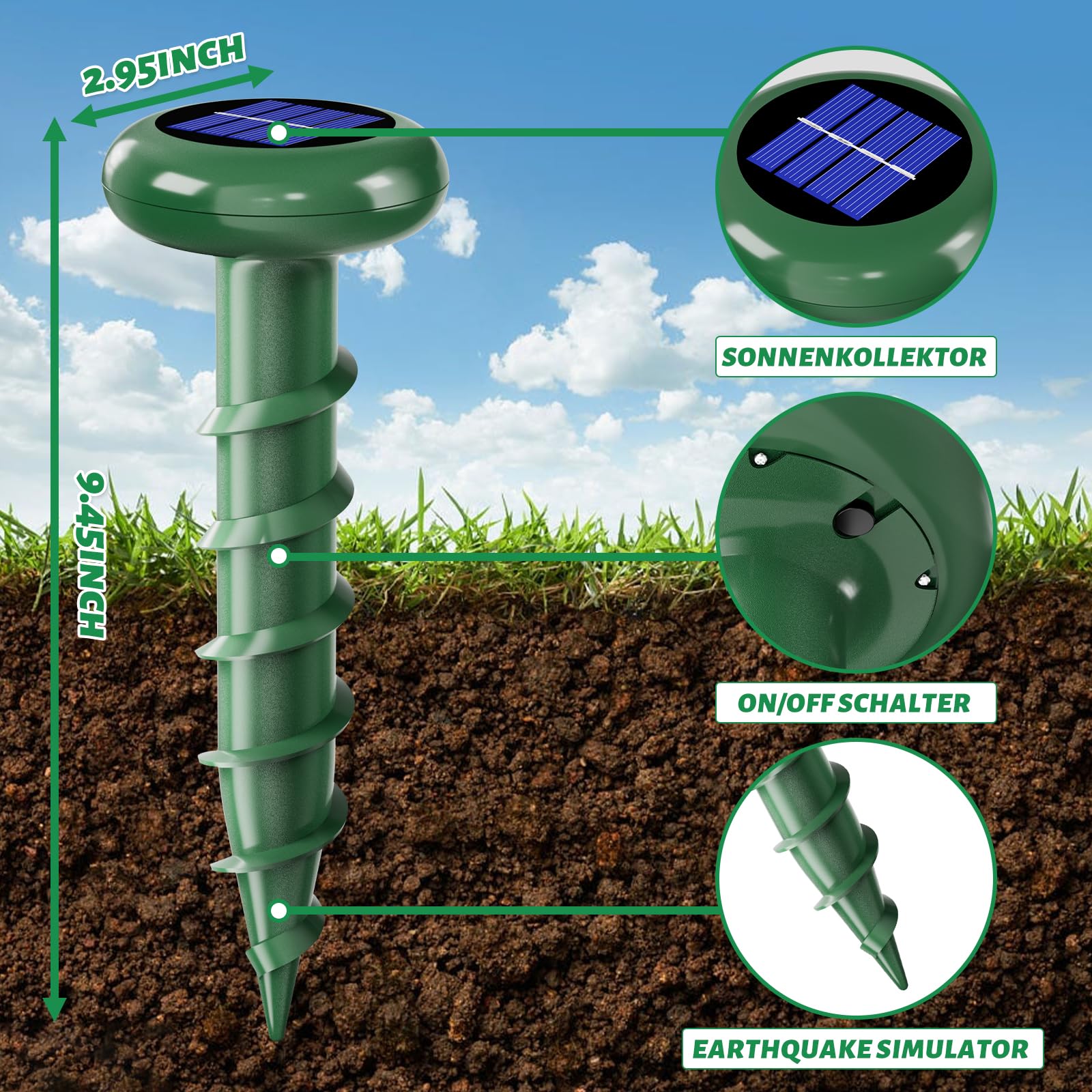 Repelente ultrasónico de topos alimentado por energía solar, repelente de animales al aire libre, eficaz para deshacerse de serpiente, zorrilla, ardilla, ardilla, ardilla, jardín, espiral, IP 65