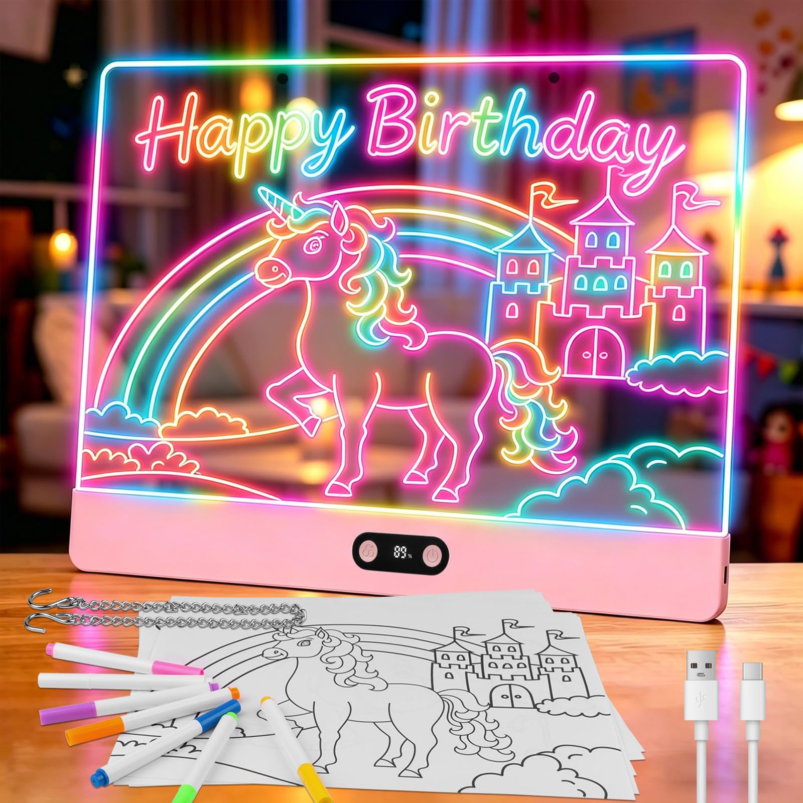 Lavagna da Disegno a LED Ricaricabile per bambini con Luci RGB,Grande Tappetino Luminoso in Acrilico 35x26cm,8 Colori Statici & 3 Modalità Dinamiche,Supporto Nascosto per Ricalco e Arte,Rosa
