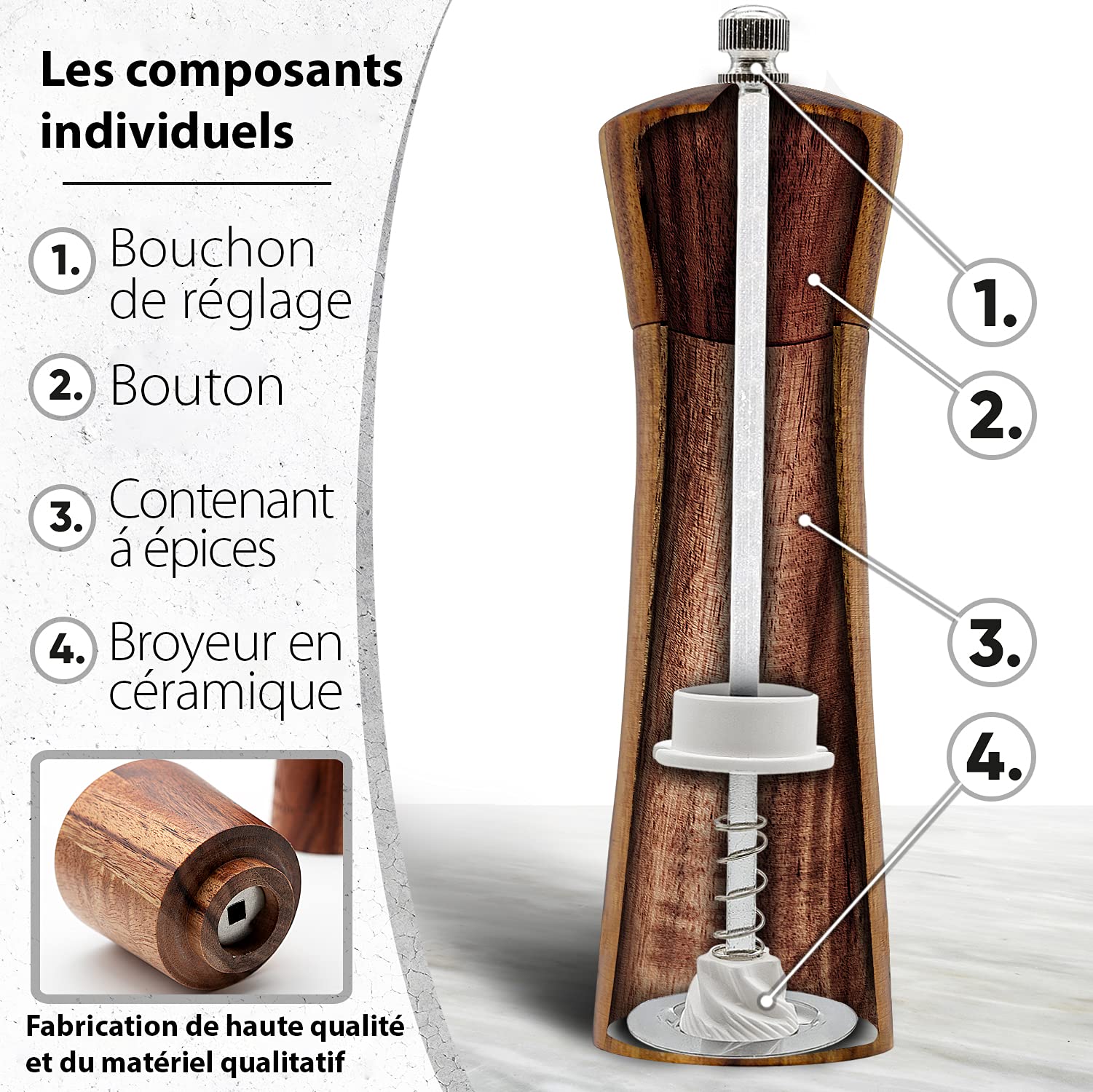 Set de Moulin à Poivre et à Sel en Bois d'Acacia - Salières et Poivrières Manuelles, Rangement et Organisation de Cuisine – 21 cm