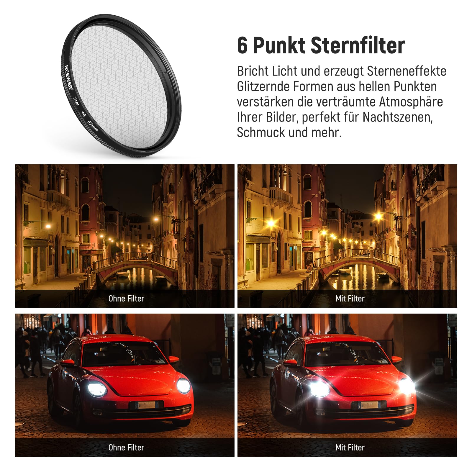 NEEWER 67mm ND Filter Kit für phones mit Cold Shoe Objektivclip, CPL/ND32/6 Punkt Stern/4 abgestuften Farbfiltern, kompatibel mit iPhone 17, 16, 16e, 15, Android, Samsung Galaxy S25 Ultra, S24