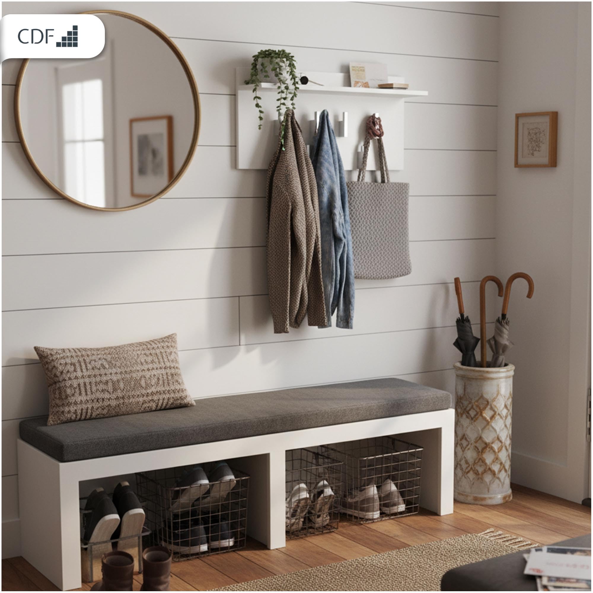 CDF Appendiabiti a Parete con Mensola Pannello Guardaroba da Muro con 7 Ganci per Ingresso Corridoio Ufficio Design Moderno Salvaspazio 70 x 20 x 40 cm - Bianco