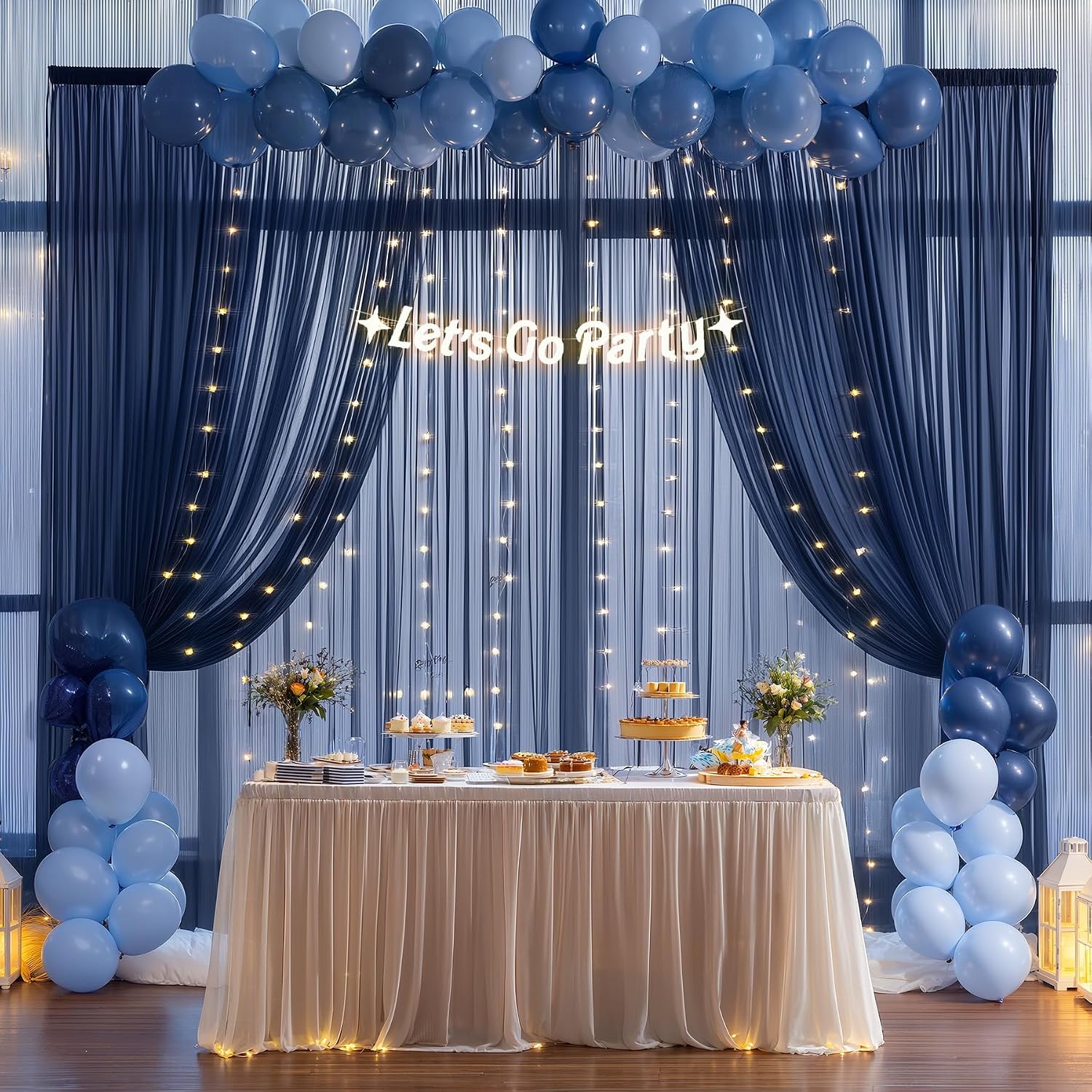 10x10ft Navy Blue Tulle Backdrop Curtain with Lights String for Parties, Sheer Photo Backdrop Drapes for Wedding Baby Shower Birthday Photography Stage Decorations image 3