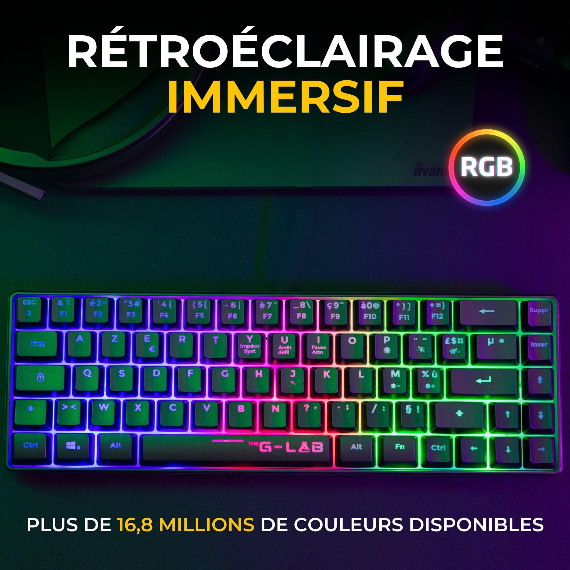 The G-Lab Combo Hydrogen WL – Pack Clavier Souris Gamer sans Fil – Clavier Gamer sans Fil 60% AZERTY FR RGB – Souris Gaming 7200 DPI – Double Mode 2,4GHz & Bluetooth – PC et PS