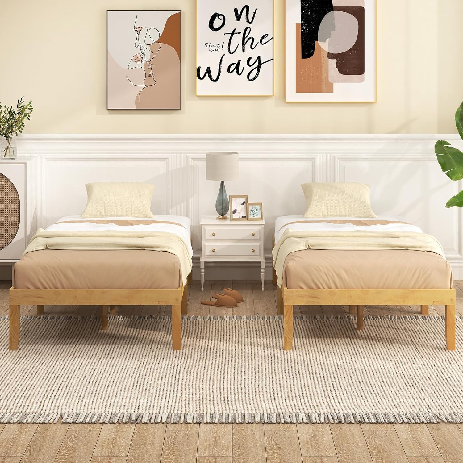 Components of the Giantex Twin Wood Platform Bed Frame laid out for assembly.