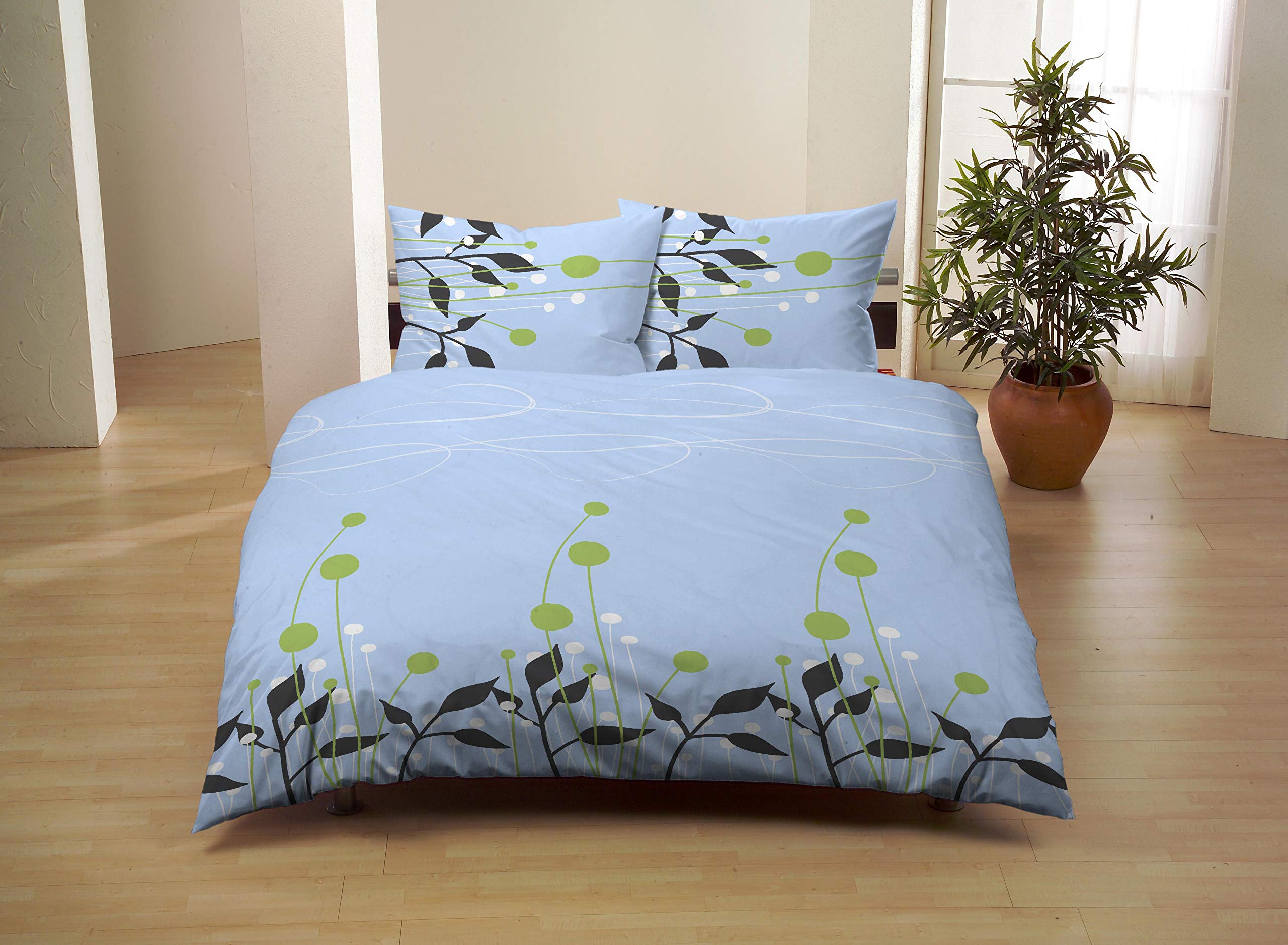 Juego de cama de 3 piezas Renforce, 100% algodón, ropa de cama de plaza y media, flores, azul, verde antracita, 200 x 200 cm + 2 x 70 x 90 cm