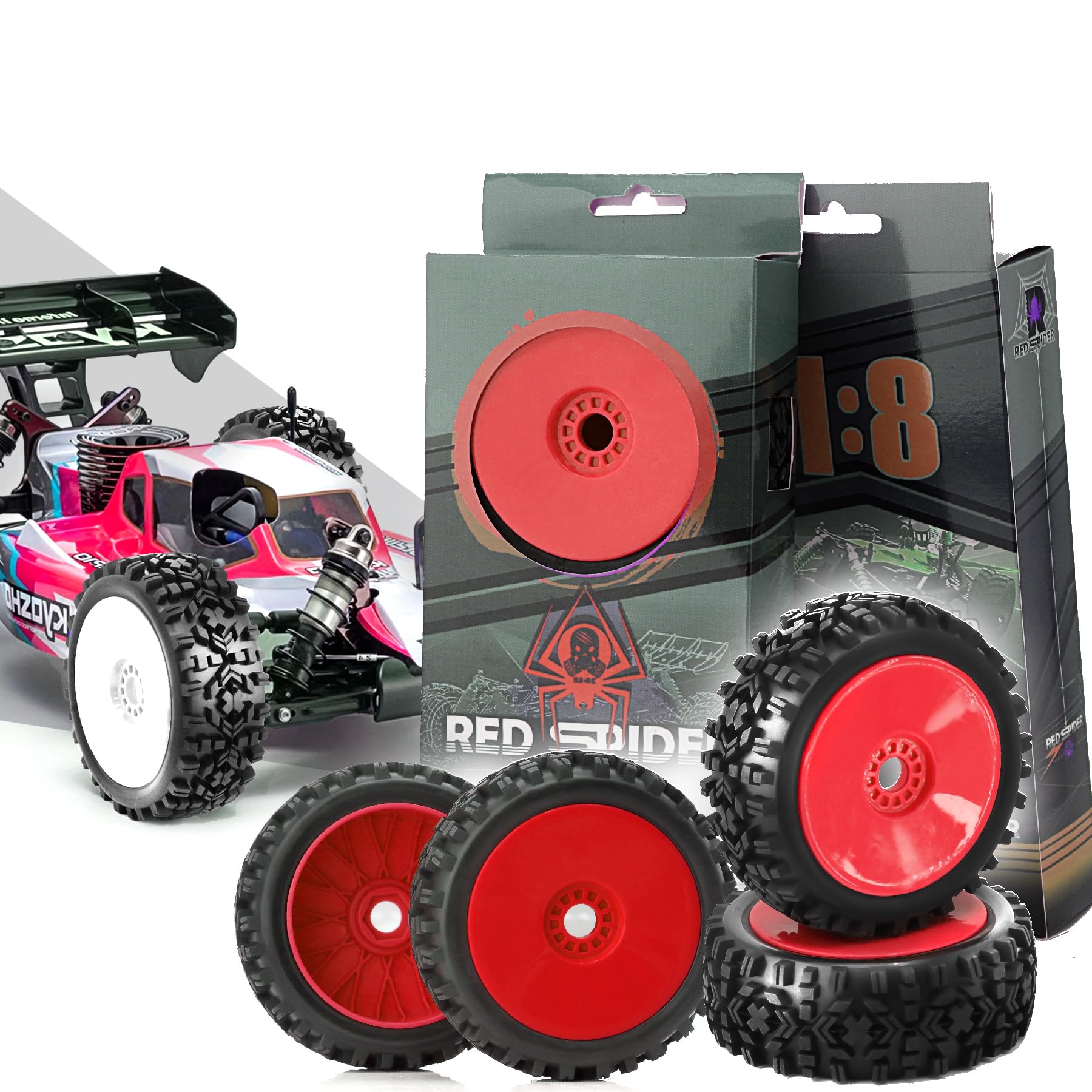 WLYEJEA 4PCS 1/8 RC Buggy Off-Road Tires Arrowhead Tread Pattern 17mm Hex Hub Wheel Rims & Rubber Tires Set 118mm OD Fit for 1/8 Off Road Car Buggy