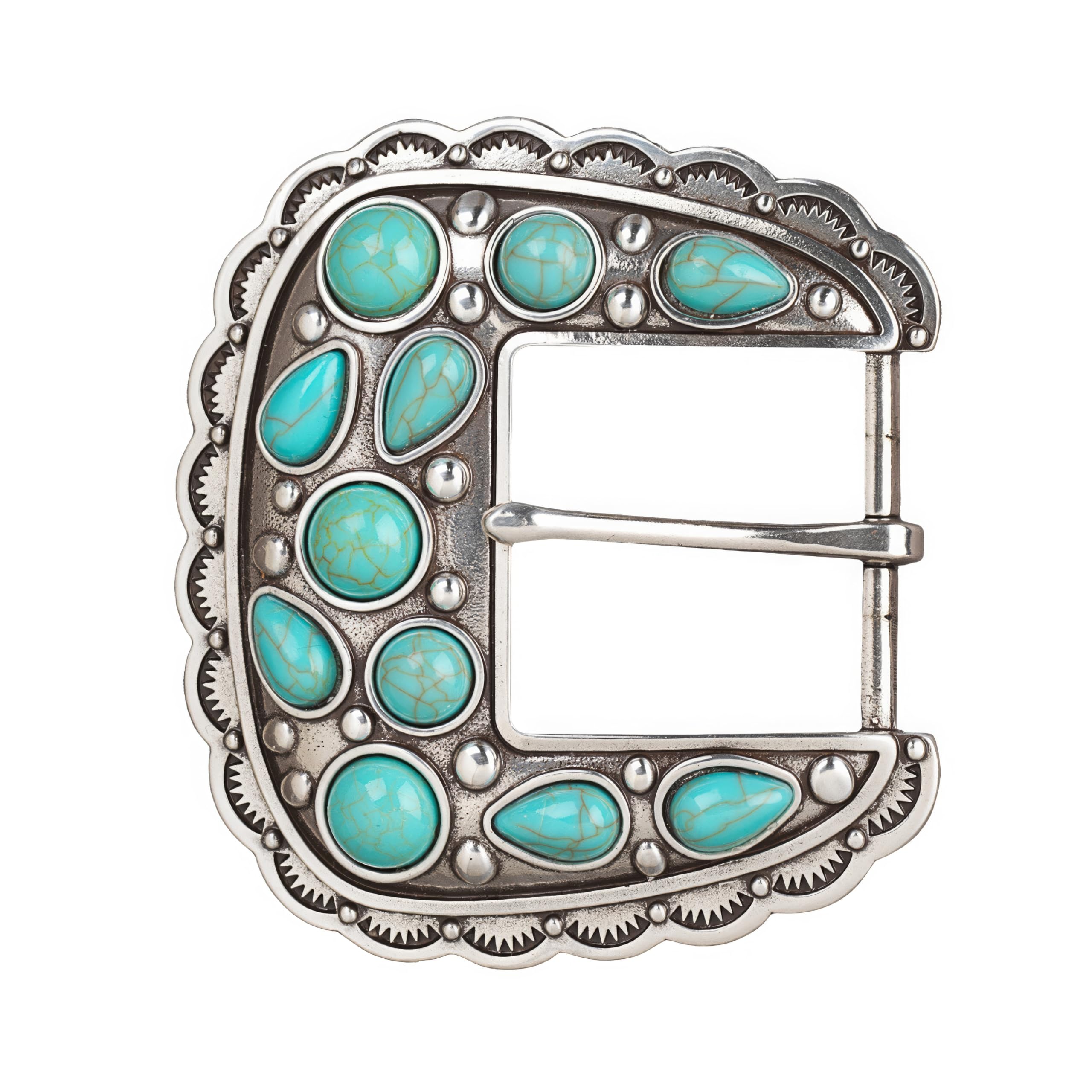 Blazin Roxx Women's Turquoise Stone Square Buckle with Scalloped Edge (Antique Silver, 2-7/8" x 3-3/8")