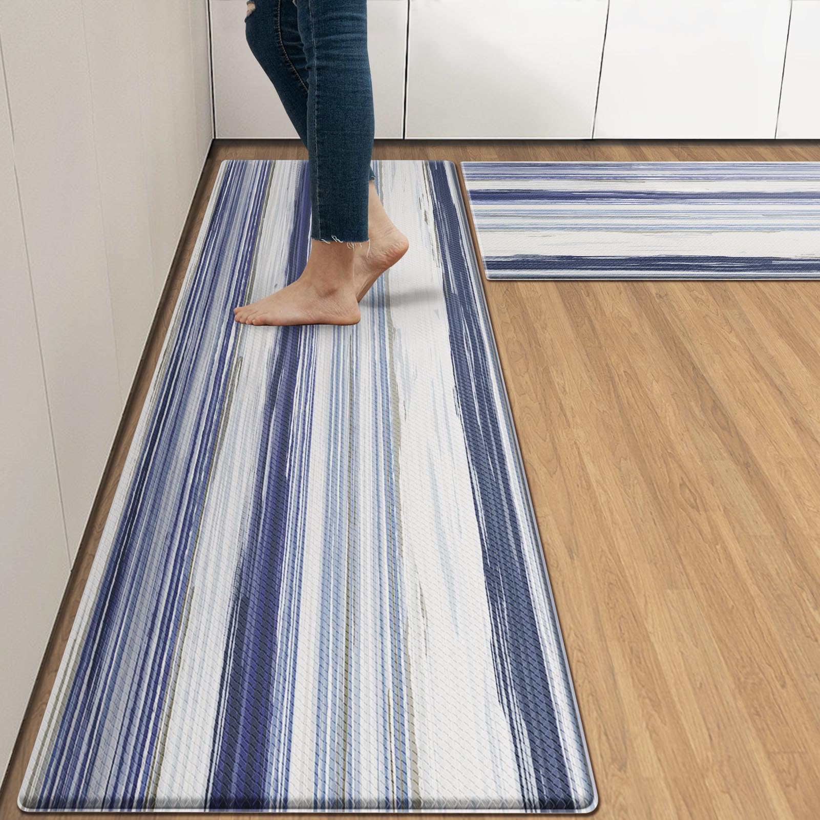 Arttown Anti-Fatigue Kitchen Rug Set of 2, Waterproof Non-Slip, Blue Stripe — image 1