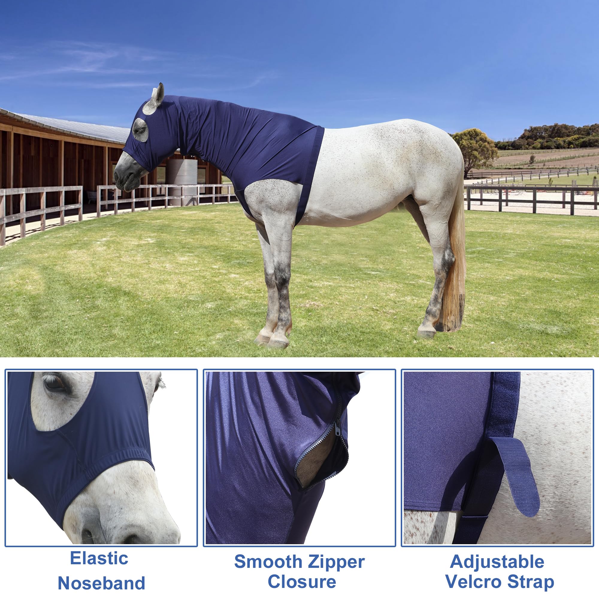 Capucha elástica para caballo, de elastano, con cremallera, color azul marino, talla L