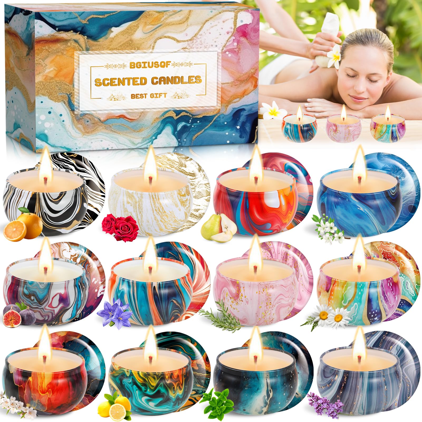 BGIUSQF 12 Piezas Velas Aromáticas, Velas Decorativas, Cera de Soja Natural, Juego De Velas Perfumadas Para Mujeres, Velas Regalo para Relajación, Fiesta, Boda, Yoga, Cumpleaños, Navidad