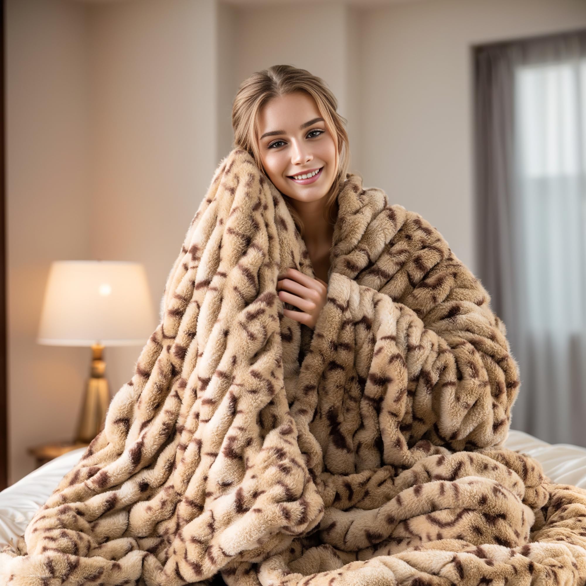 BATTILO HOME Beige Faux Fur Throw Blanket, Fluffy Double Side Rabbit Fur Blanket for Bed Sofa Couch Living Room Home Decor, 127x152cm