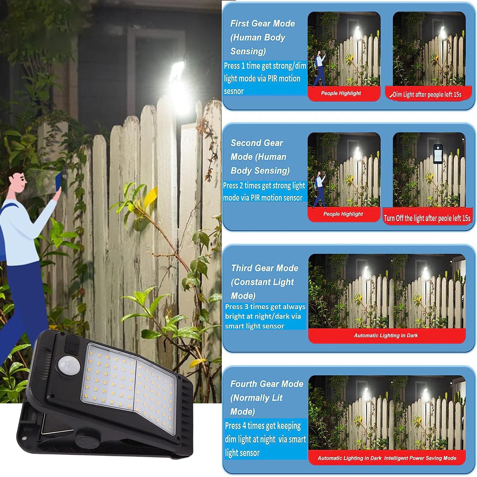 KINGCOO Lampada solare con sensore di movimento per esterni, portatile, impermeabile, 72 LED, con clip, luci solari da campeggio, luci di sicurezza per coperta, recinzione, garage, escursioni,