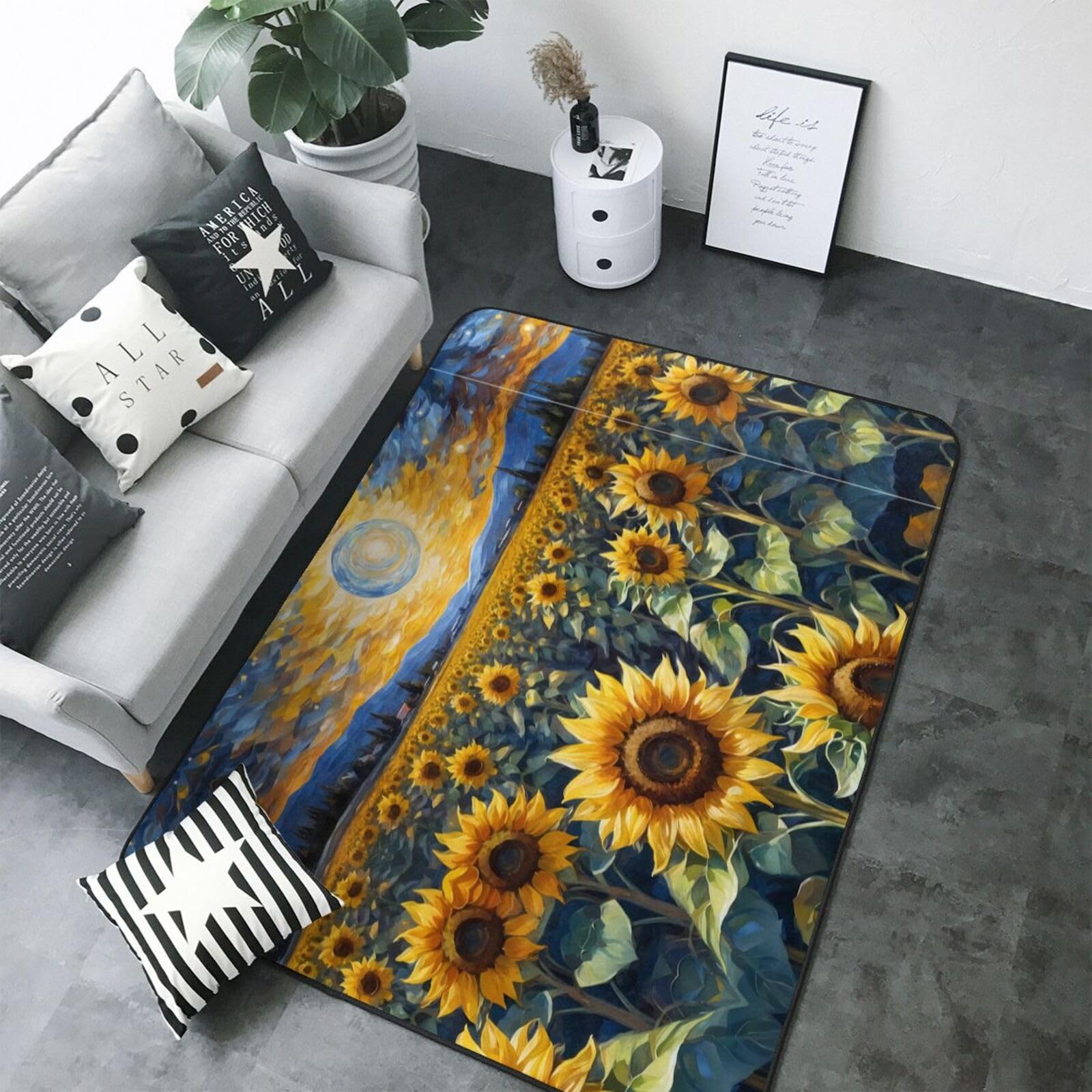 Tapis de salon motif ciel étoilé lune tournesol antidérapant et lavable 203x147 cm