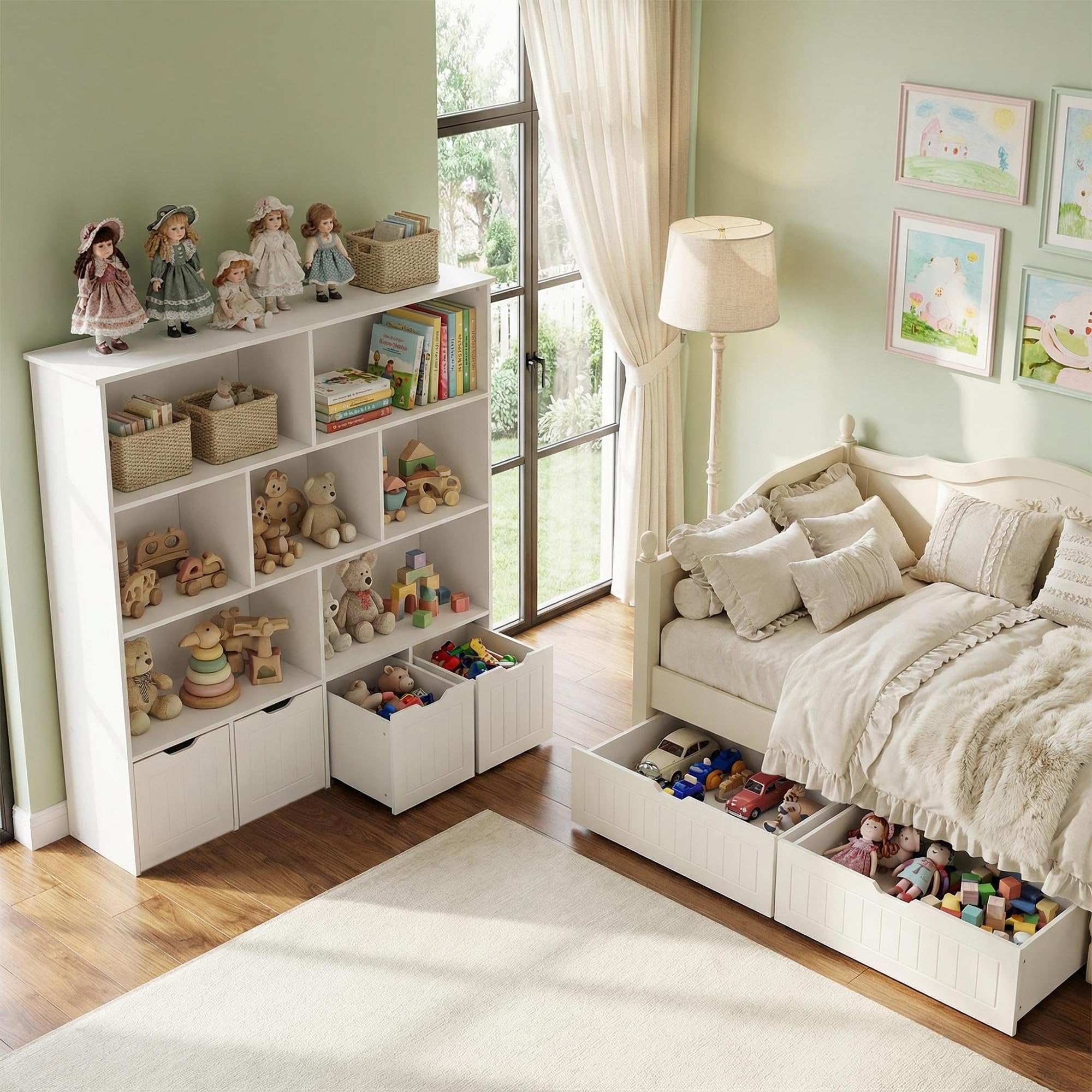 1 Stück Kinderzimmerregal Bücherregal Kinder Weiß mit 4 Roll-Bücherkiste