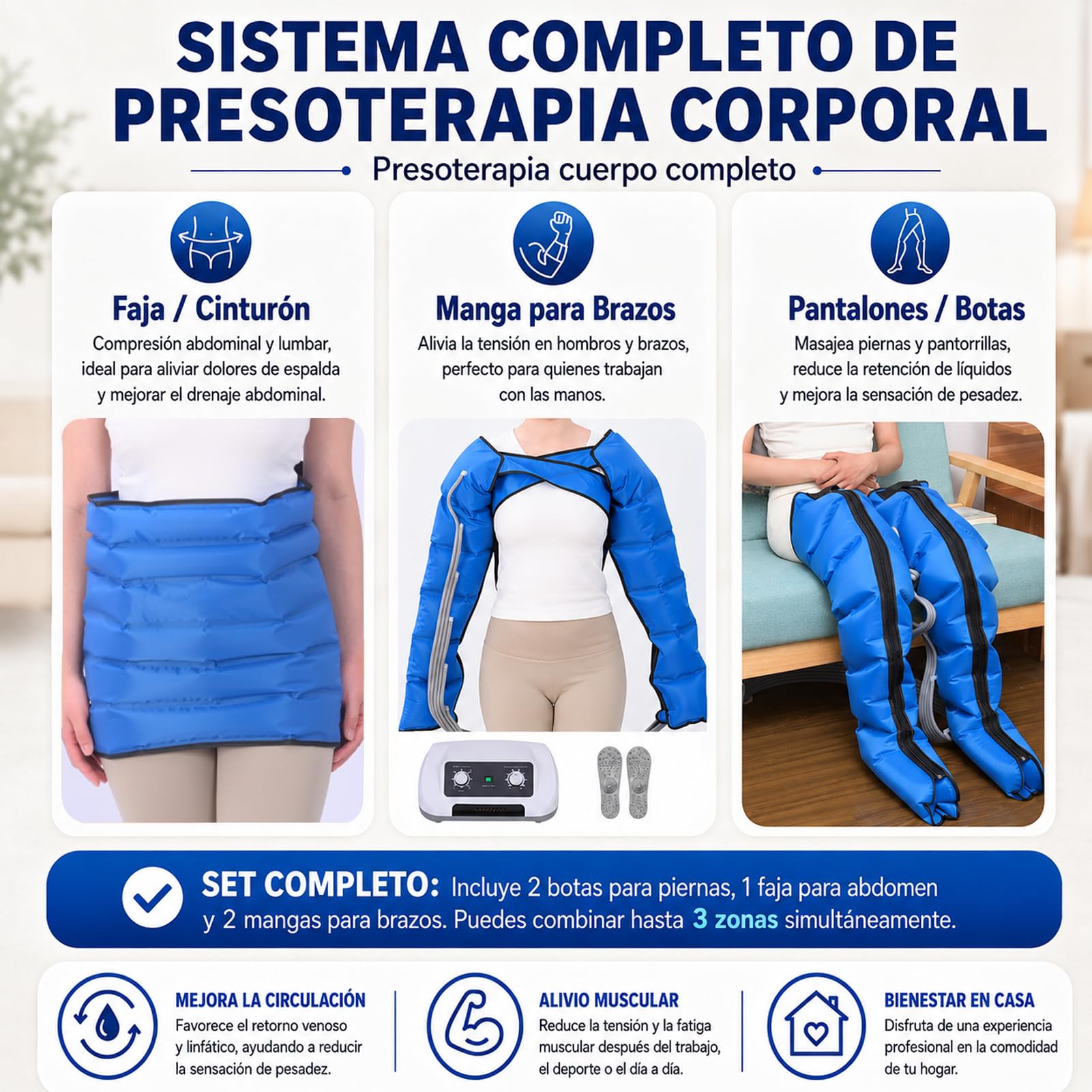 Maquina Presoterapia para Casa Piernas Completo Lipedema 6 Camaras | Botas de Presoterapia Profesional, Masajeador para Drenaje Linfático y Circulación de Piernas, Presión Ajustable 30-240 mmHg