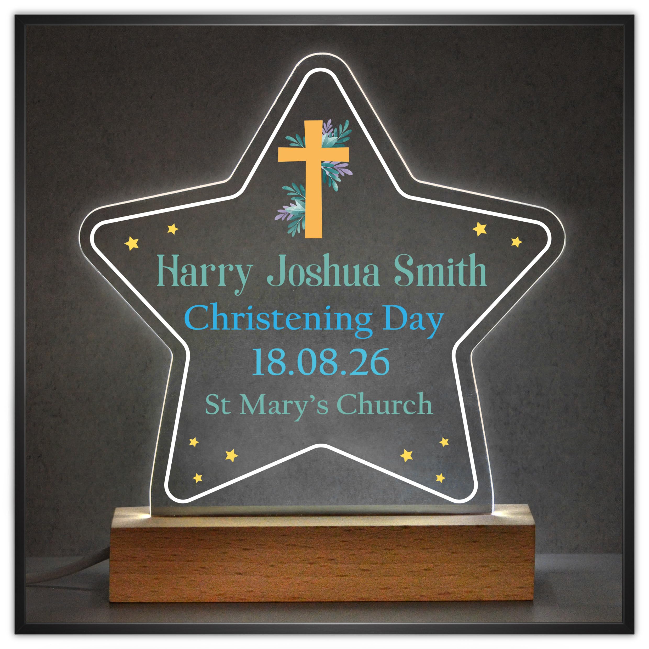 Christening Cross Gifts for Boys, Personalised Boys Star Night Light, Christening Gifts from Godmother Godfather Godparents, Boys Nursery Light, Christening Keepsake