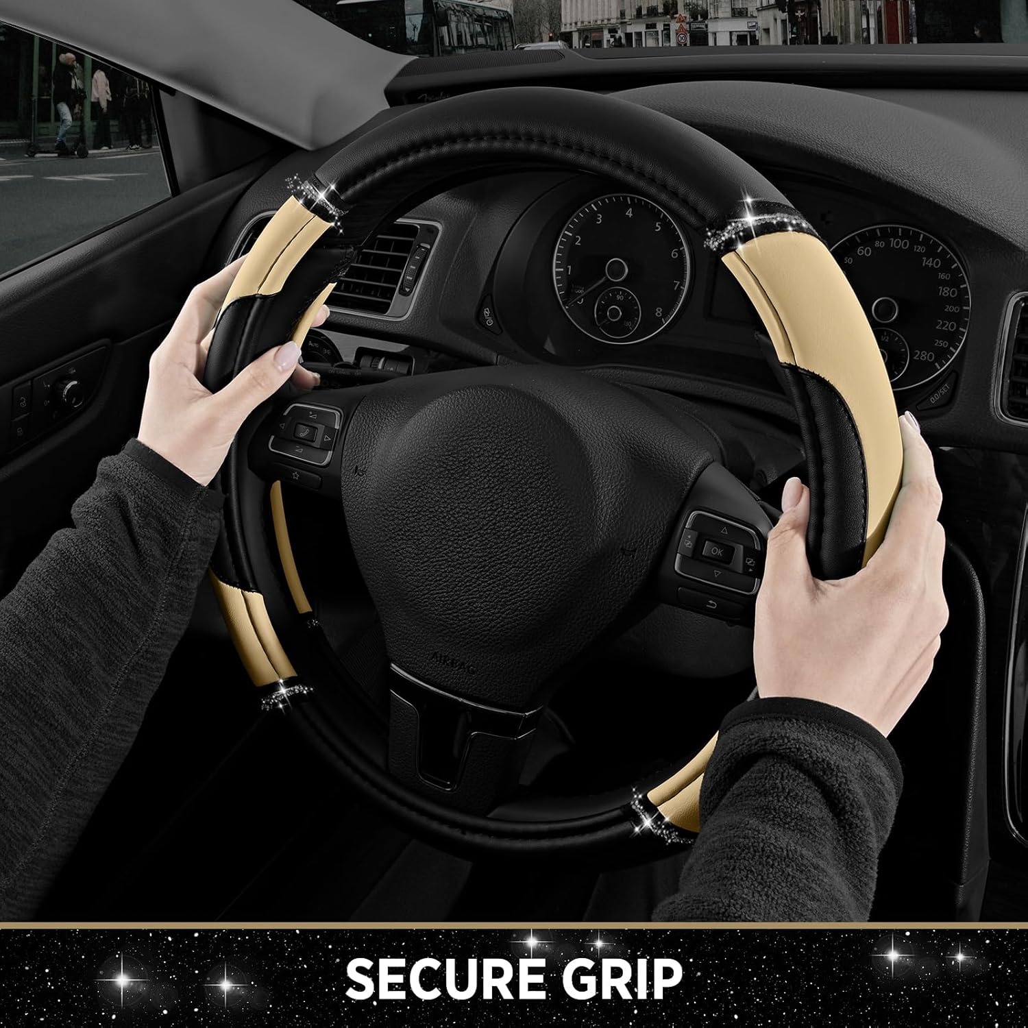 Road Comforts Leather Steering Wheel Cover - Made with PVC Leather - Anti-Slip, Universal Fit 14 1/2 inches to 15 inches - Beige - Image 7