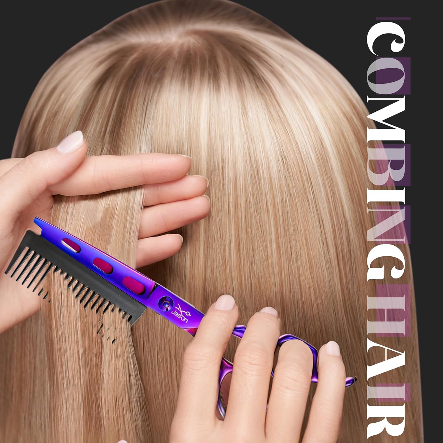 JASON 6 Inch 2 IN 1 Hair Cutting Scissors With Detachable Comb Professional Barber Shears 440C Japanese Stainless Steel with Ergonomic Hair Cutting Shears Offset Handle Razor Sharp Comfortable Purple