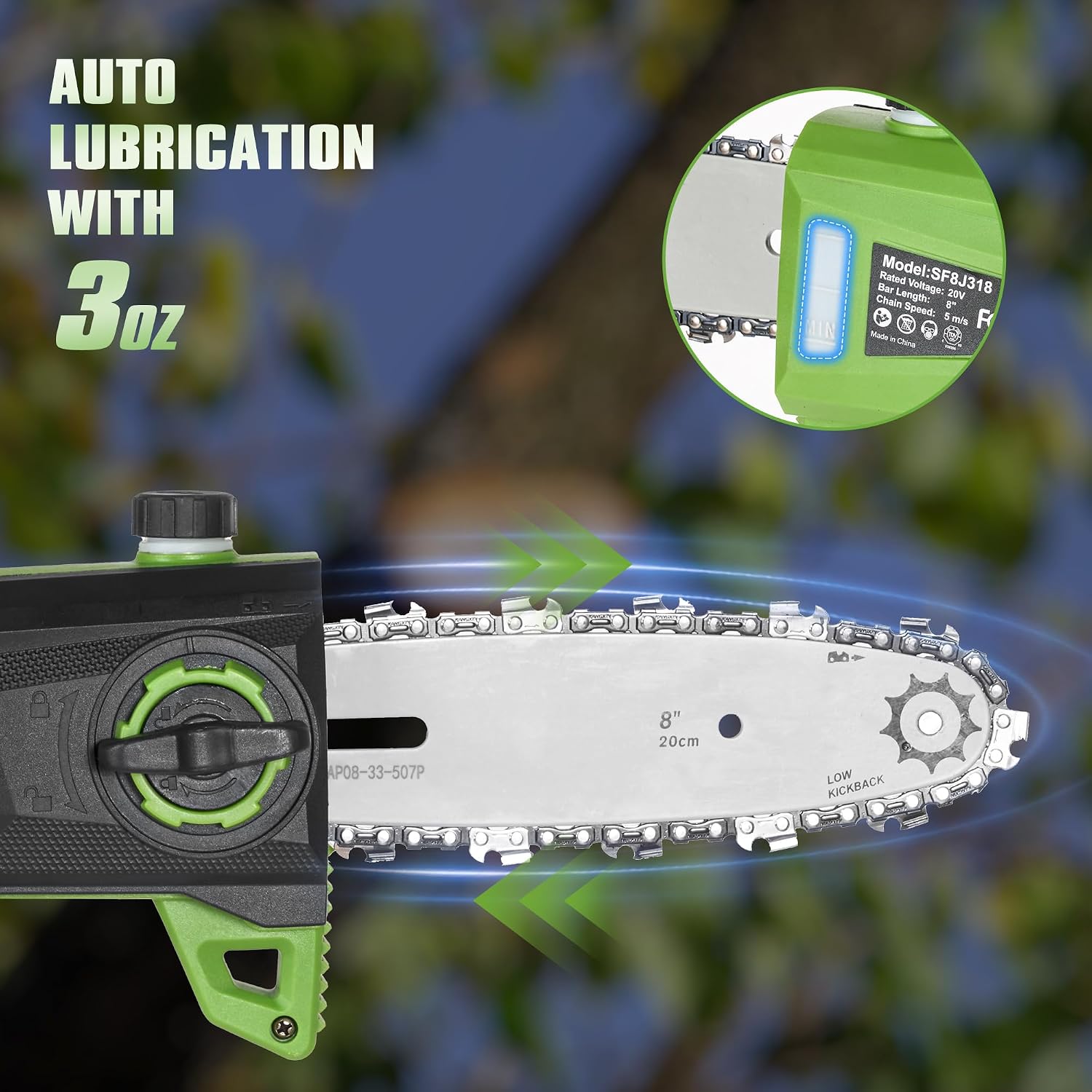 20V 8" Cordless Pole Saw, 2.0Ah Compatible CURECURE Batteries and Charger, 9.7 FT Max Reach, 2800RPM Motor, 2 Safety Switch, 3 Adjustment Angles, Auto Oiling, Pole Saws for Tree Trimming