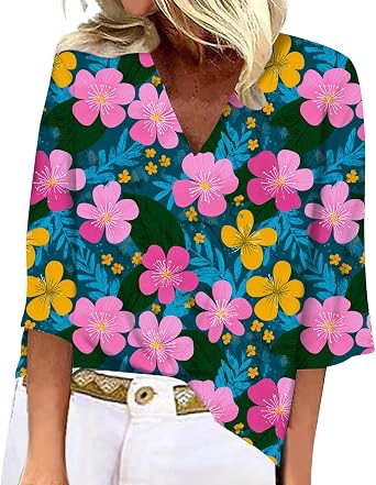 Womens Summer V-Neck 3/4 Sleeves Shirt Bright Vivid Vintage Floral Print Stylish Outdoor Leisure Tunic