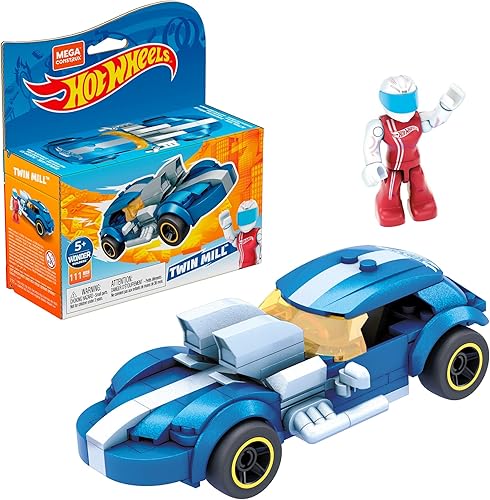 MEGA Construx Hot Wheels - Juego de juguetes de construcción de autos de carreras, molino doble con 111 piezas, 1 micro figura de acción, azul,