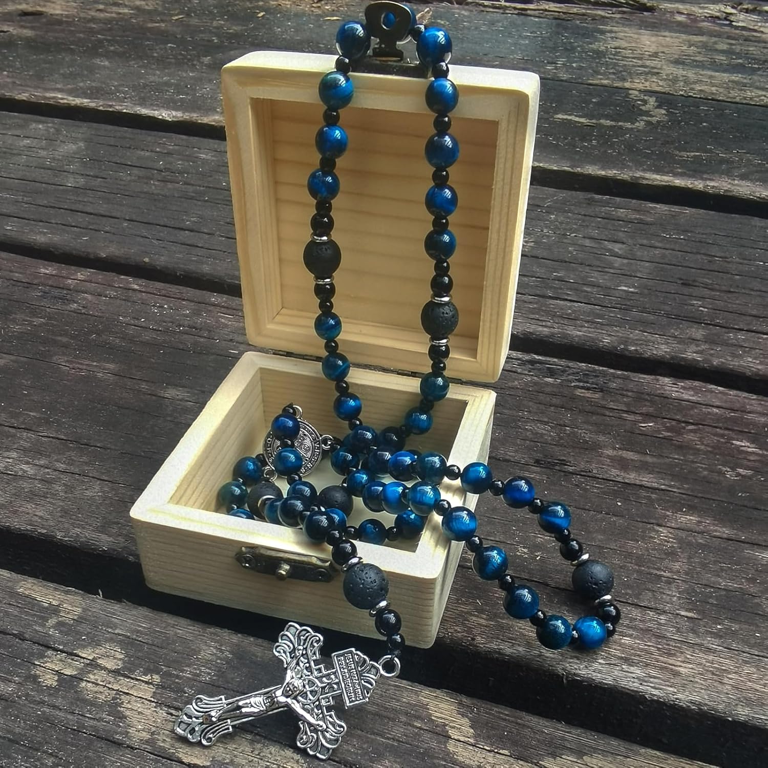 rosary beads catholic for men,Rosary Necklace for men with medal & cross,Handmade Blue Tiger Eye Beads Our Lady of Grace Rosary Cross Necklace Catholic Gifts - Image 5