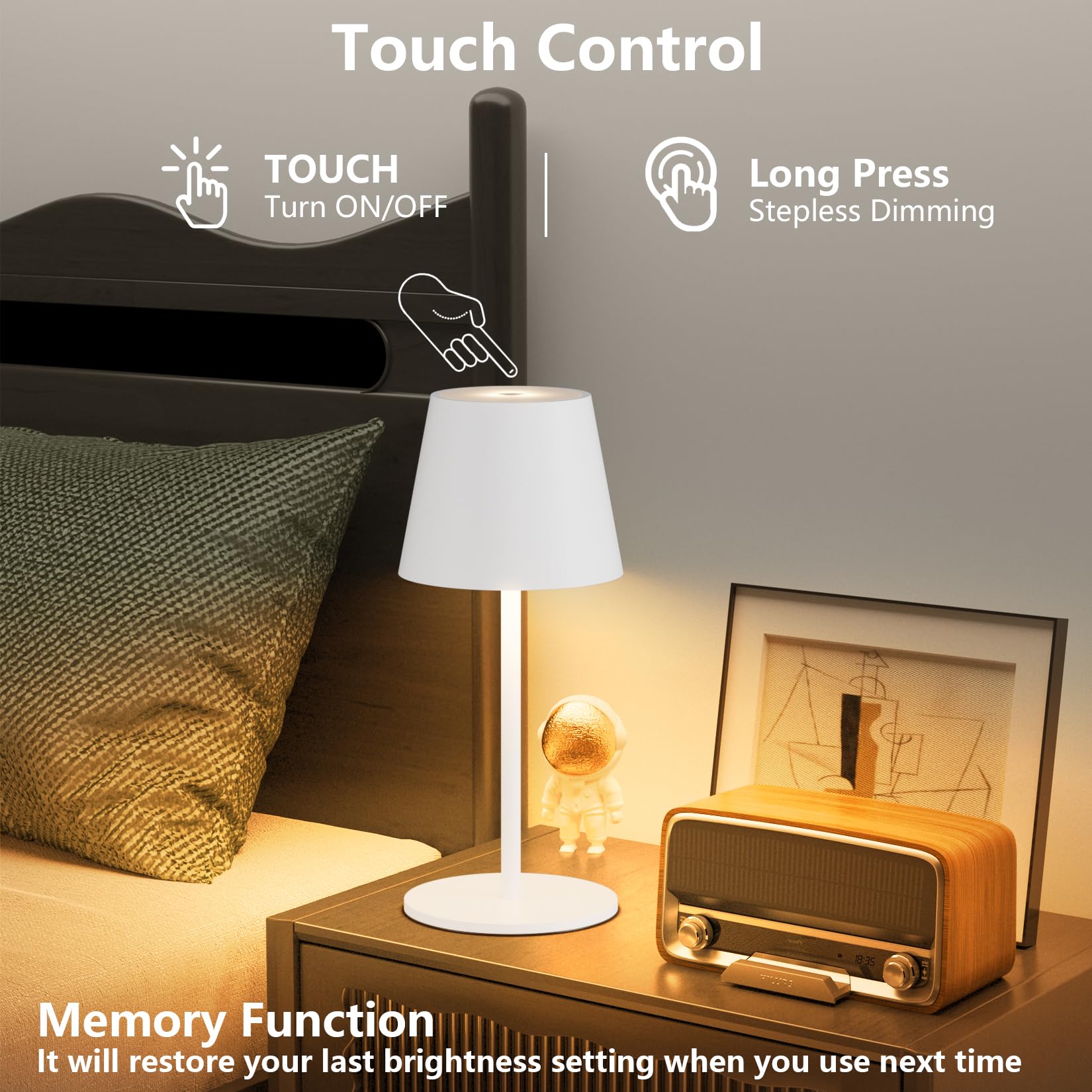 2 pezzi lampade da tavolo LED a batteria dimmerabile, 26cm, lampada da campeggio 5000mAh, batteria ricaricabile, 3W 3000K, lampada da tavolo da esterno IP54 per camera da letto (Bianco)
