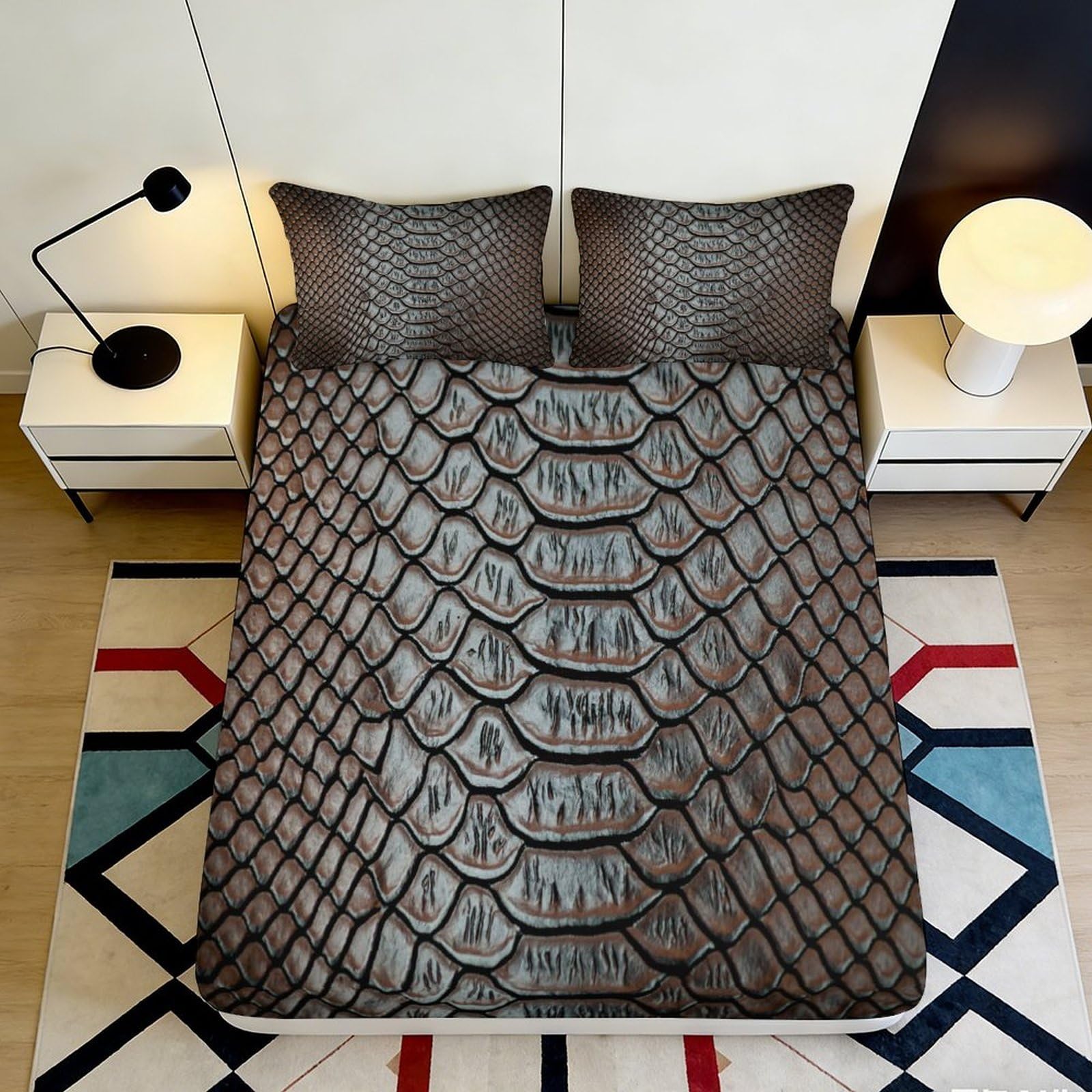Jqzkxnhpbr Style-3 3D Printed Snake Scale Fitted Sheet Microfiber Non-Slip Washable Black Brown Reptile Mattress Cover For Bedroom Decor 90X200x25cm