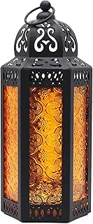 CVHOMEDECO. Decorative Candle Lantern Moroccan Lanterns Vintage Black Metal Lantern Holder for Home Patio Outdoor Decor. Amber Glass, Medium
